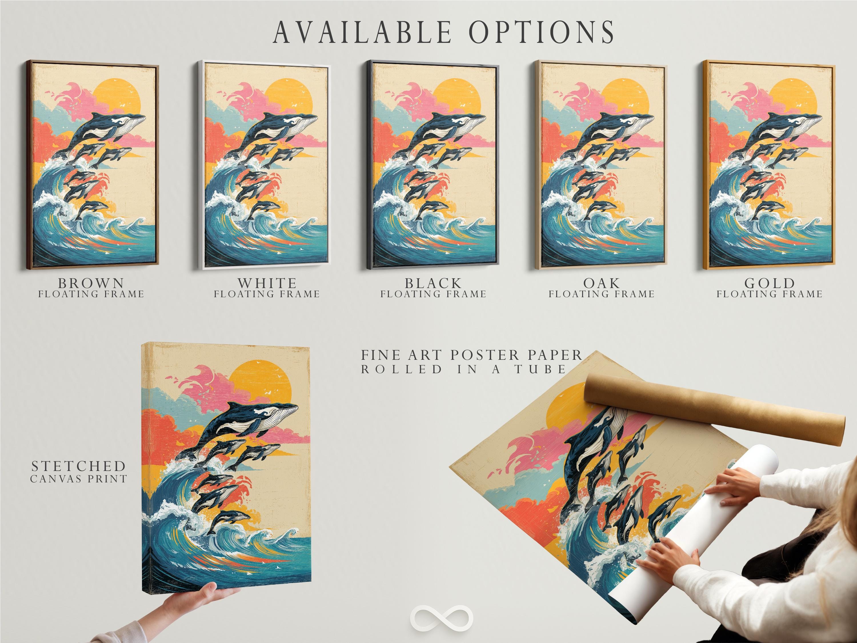 Retro ocean artwork with stylised whales jumping through foamy waves under a large orange sun detail view