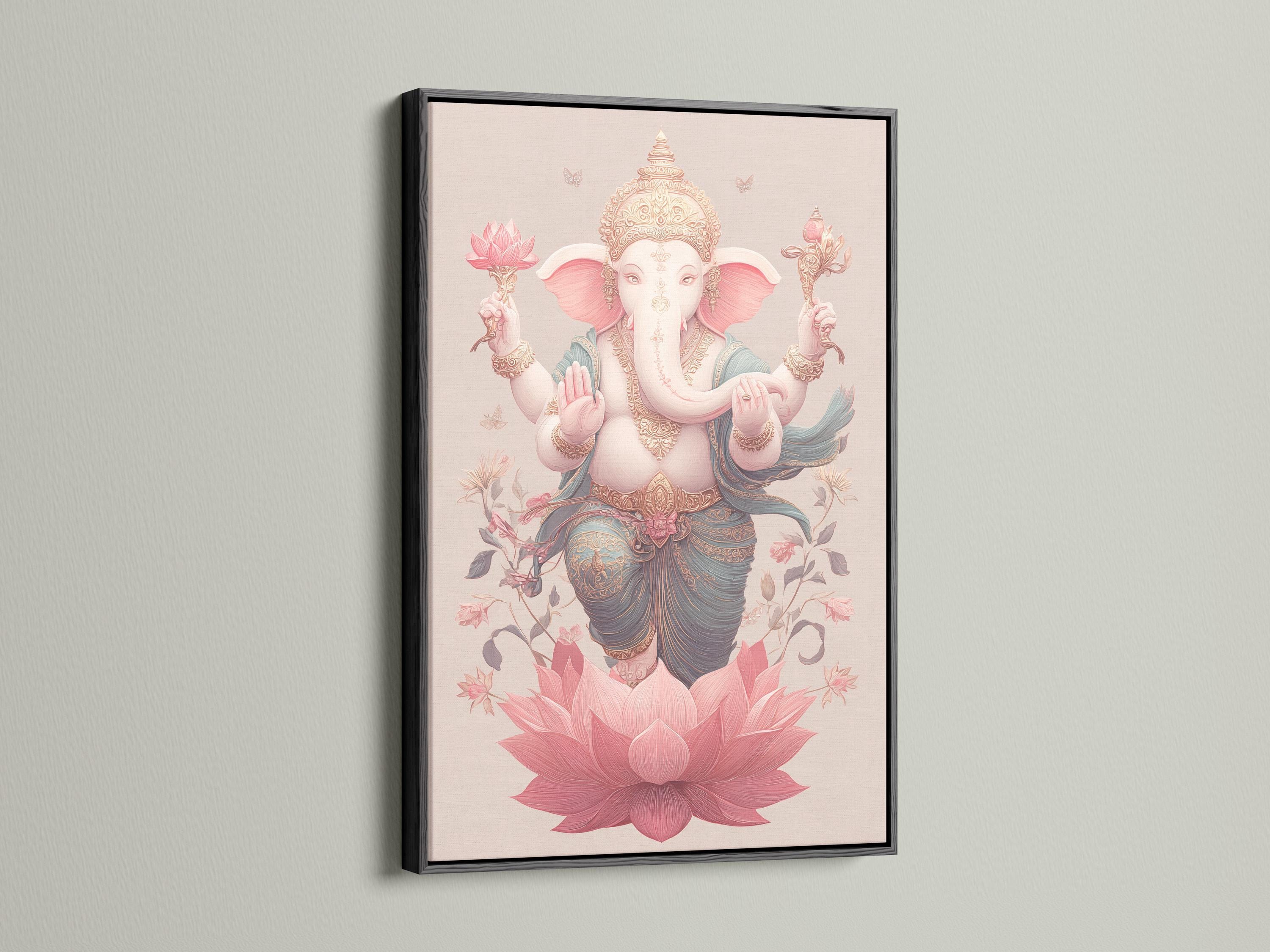 Elephant-headed deity figure with raised hands above a large pink lotus, with floral vines and butterflies detail view