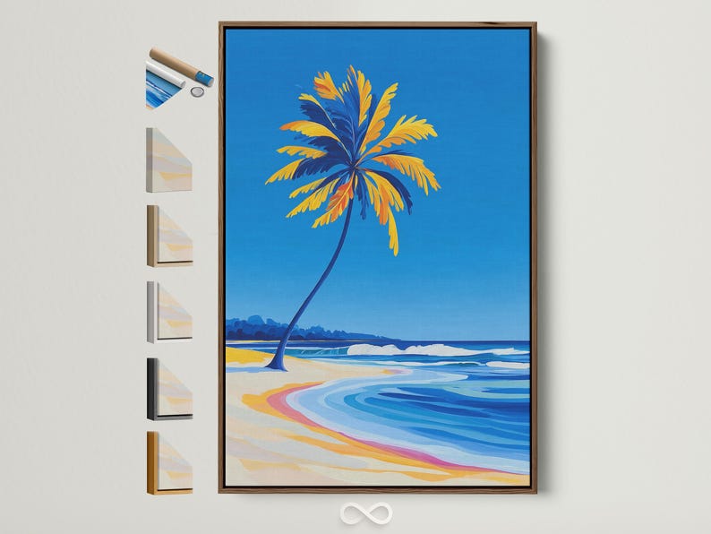 Tropical beach seascape with a palm tree, blue sky, ocean waves, and sandy shoreline