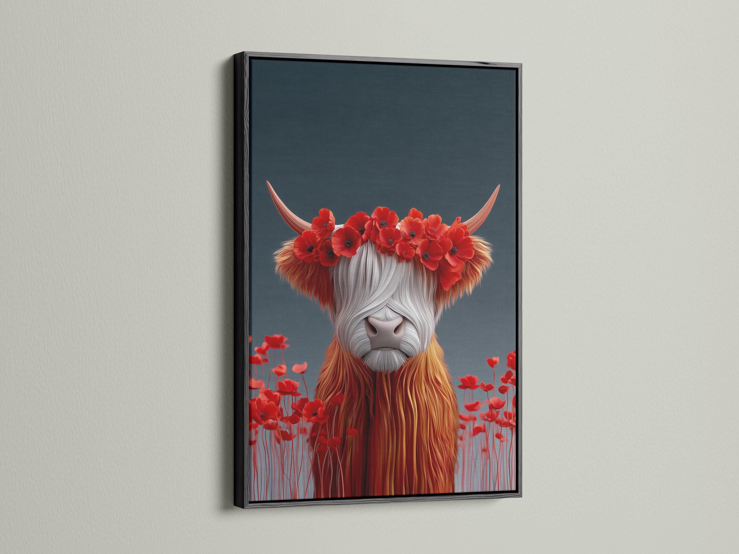 Room mockup featuring a framed stylised Highland cow with red poppy flower crown