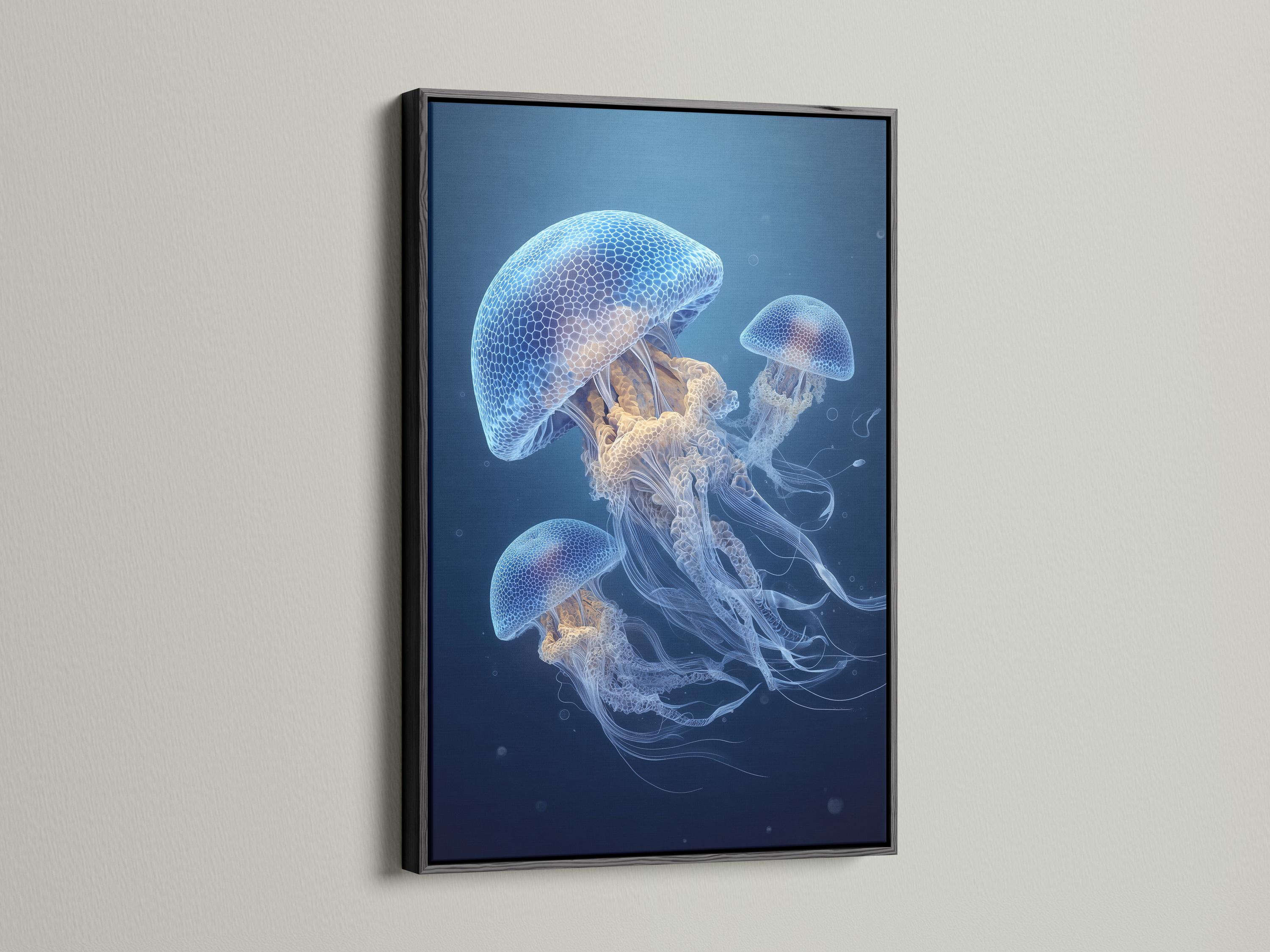 Framed jellyfish underwater artwork on a wall mockup