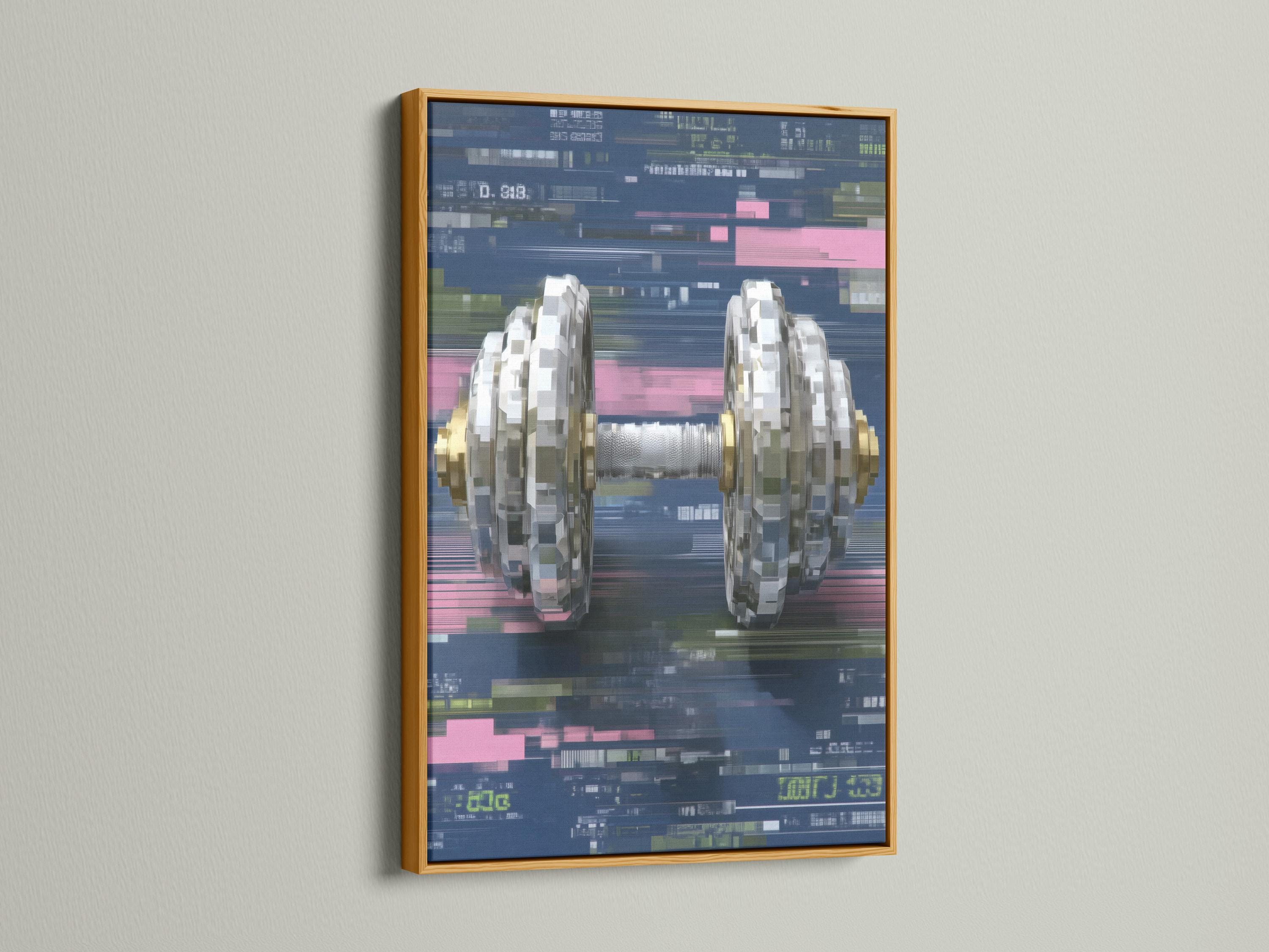 Room mockup showing framed glitch-style dumbbell artwork on a light wall
