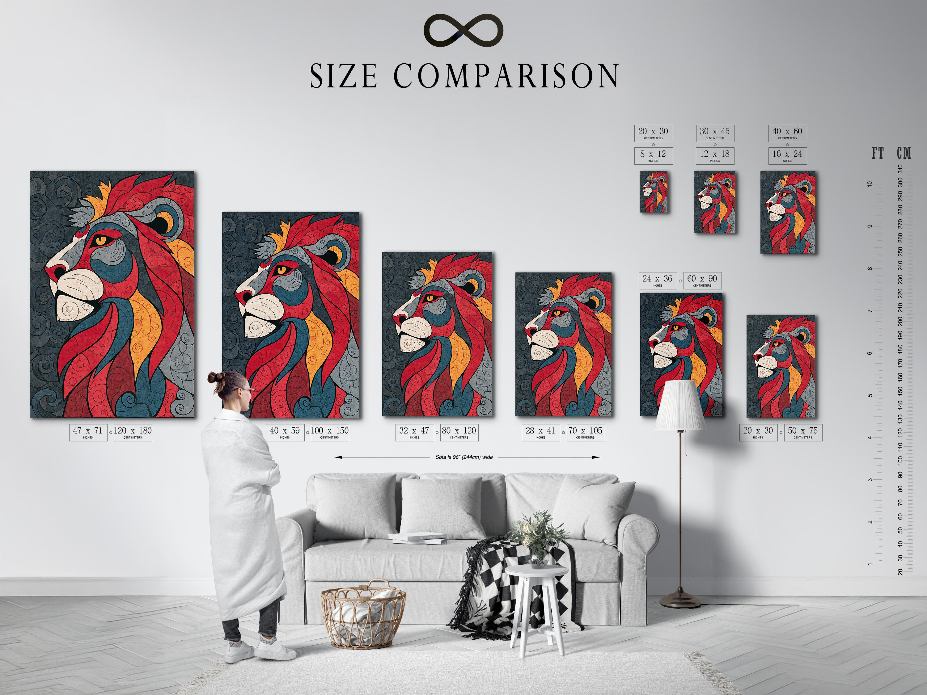 A stylised lion in bold reds, greys, and golds rests across a swirling patterned background with curled tail and mane shapes detail view