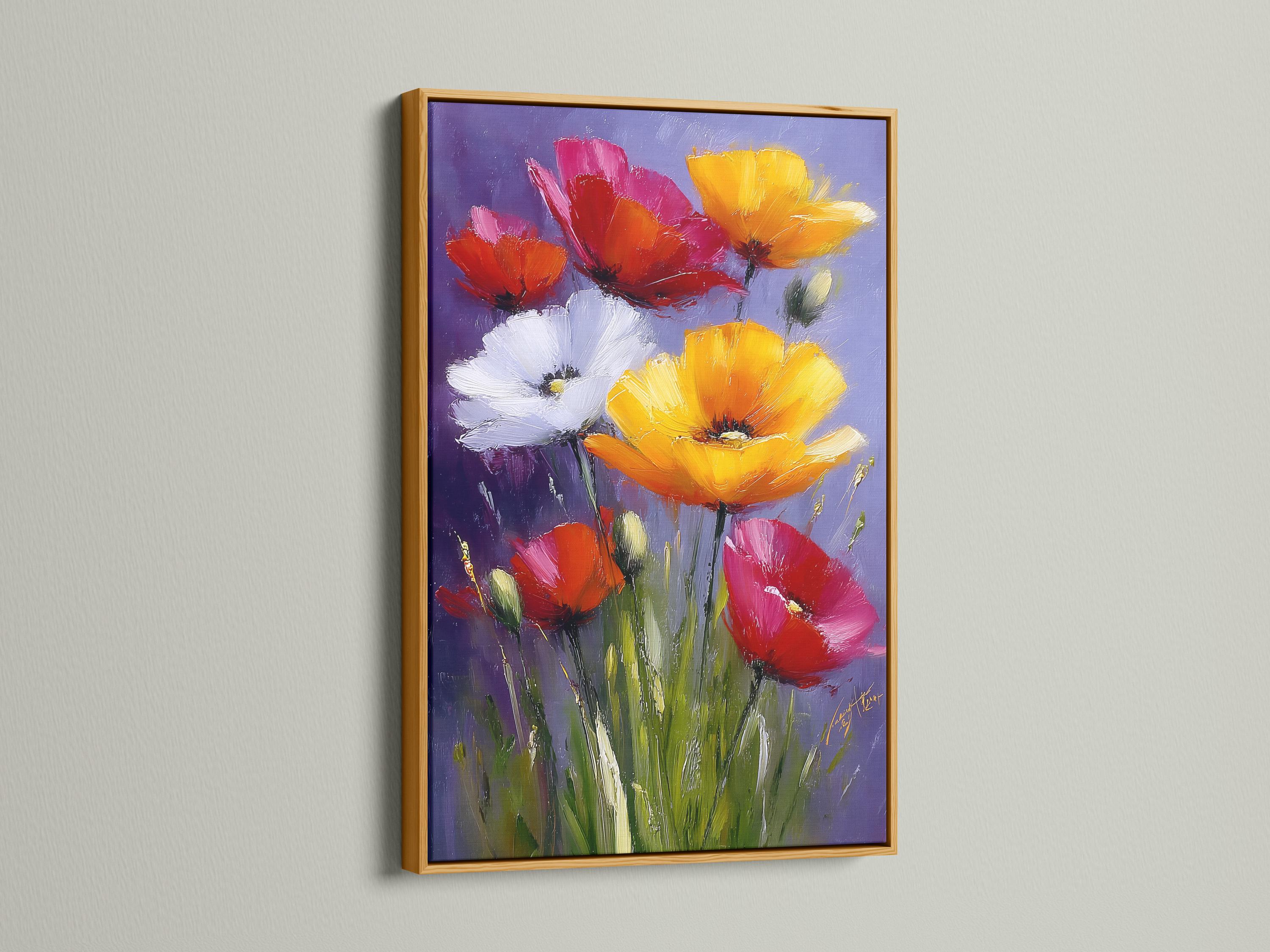 Floral artwork mockup showing a framed poppy bouquet on a light wall, with style variants on the left