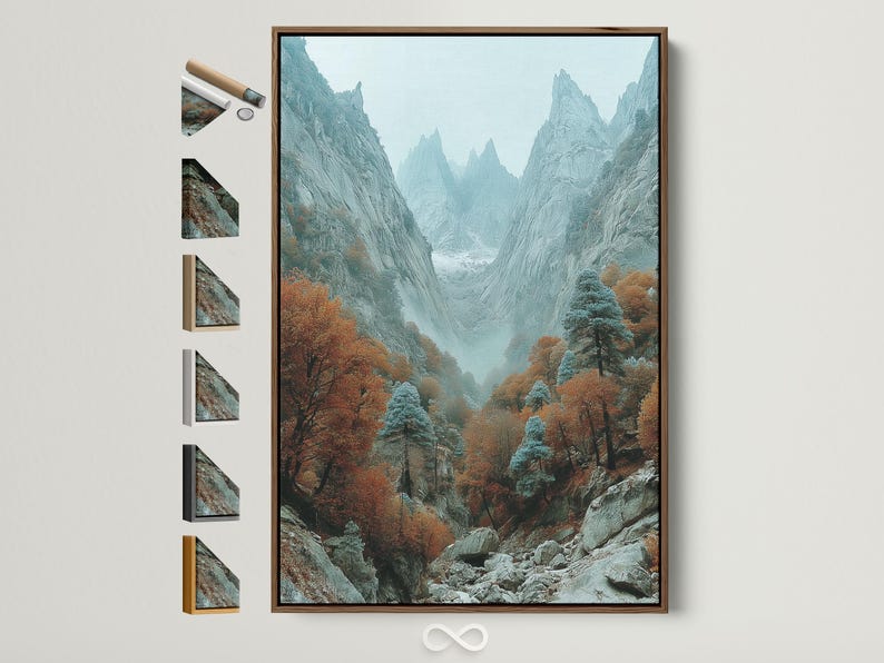 Misty mountain valley with rocky cliffs, autumn trees, and teal-grey peaks