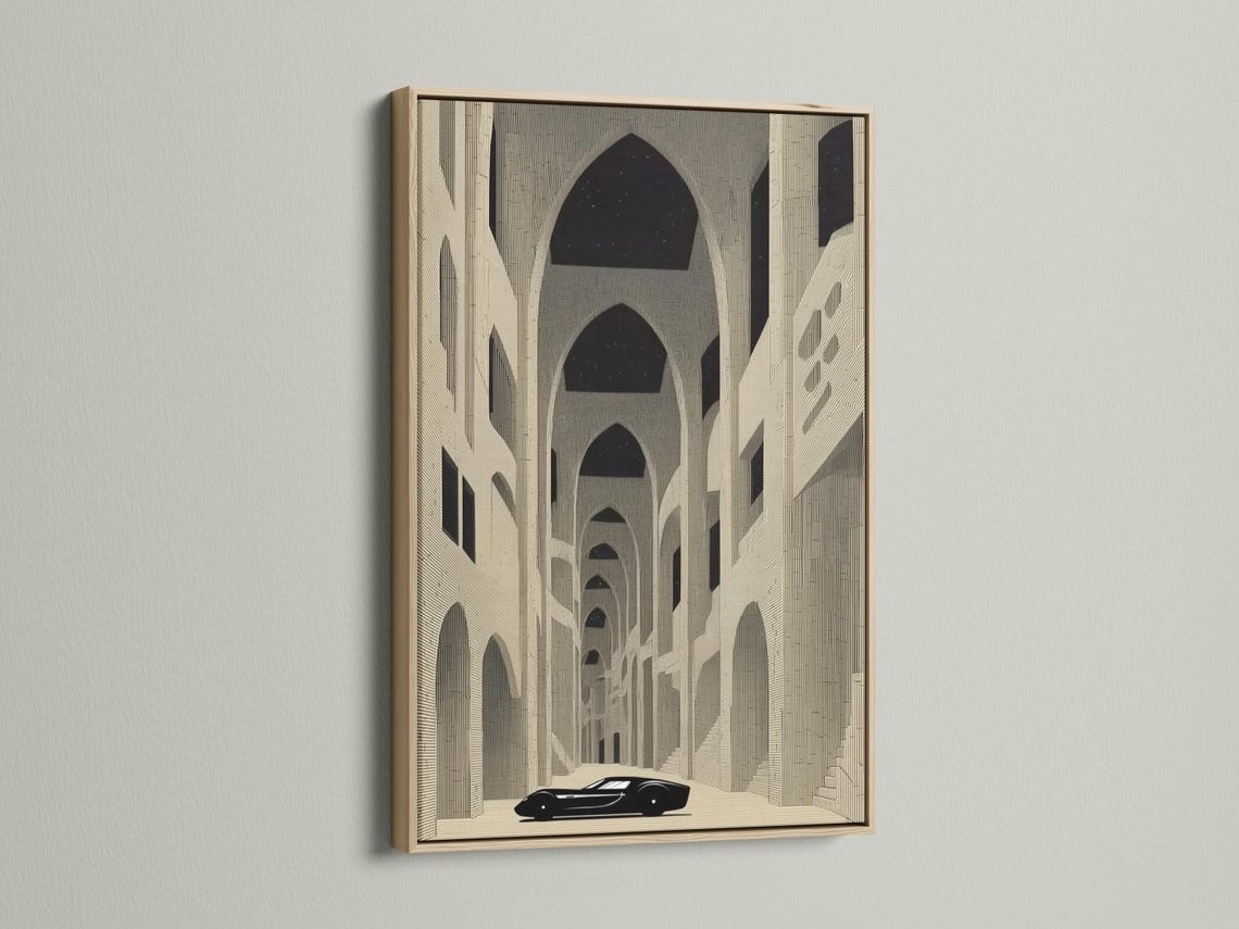 Room mockup showing a framed beige architecture artwork with arches and a dark car silhouette