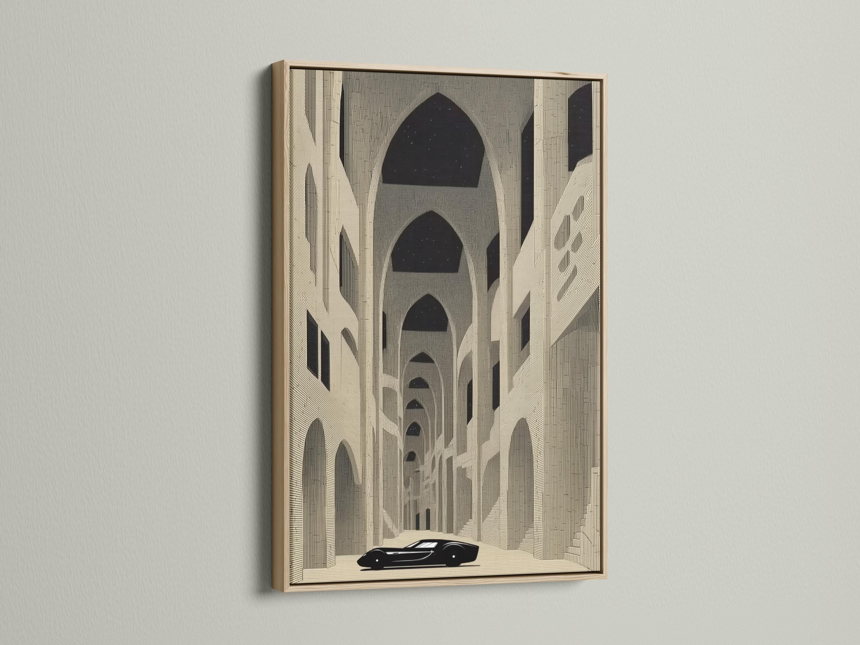 Room mockup showing a framed beige architecture artwork with arches and a dark car silhouette