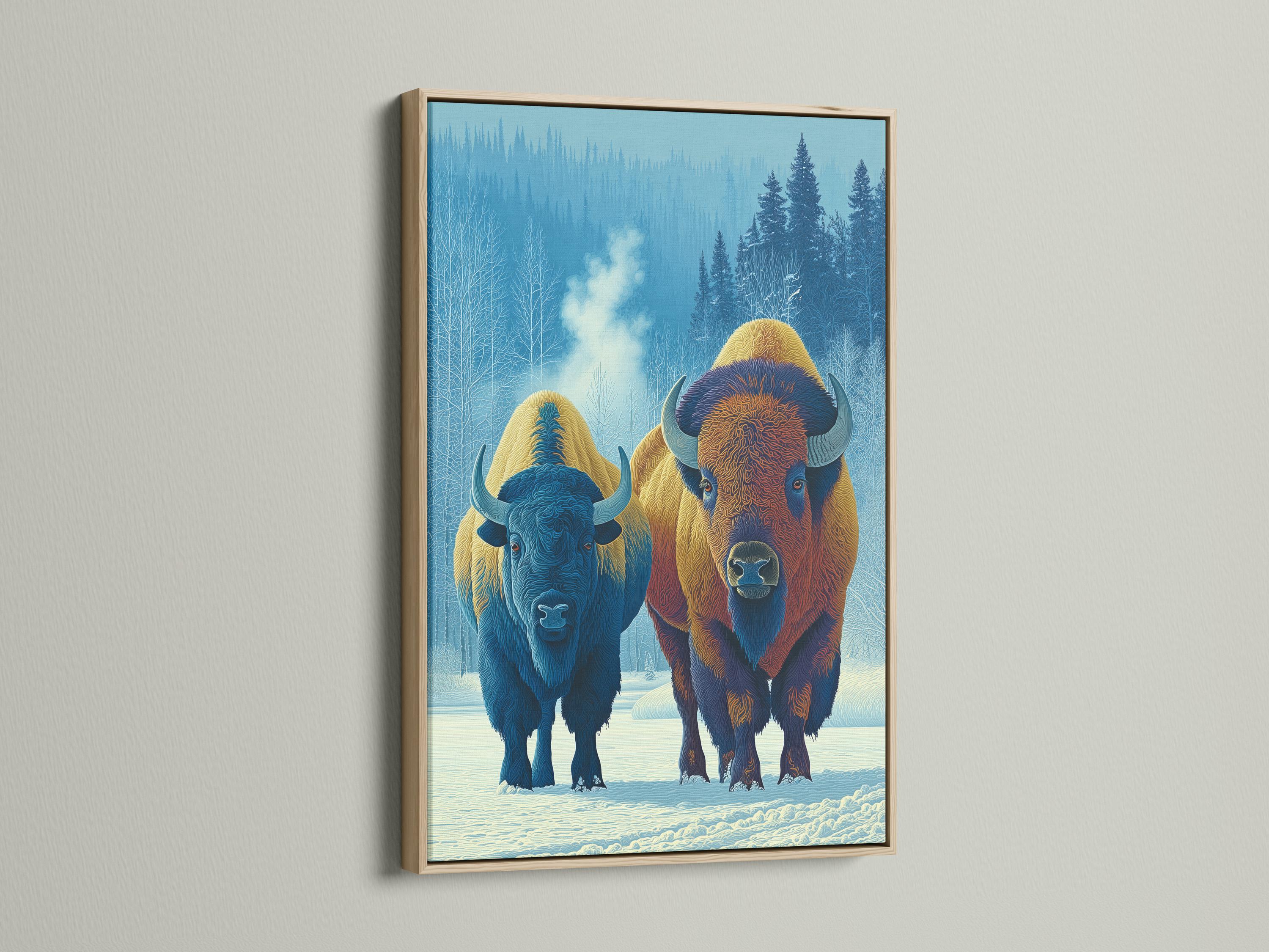 Two stylised bison in a snowy forest scene with cool blue trees and warm fur tones detail view