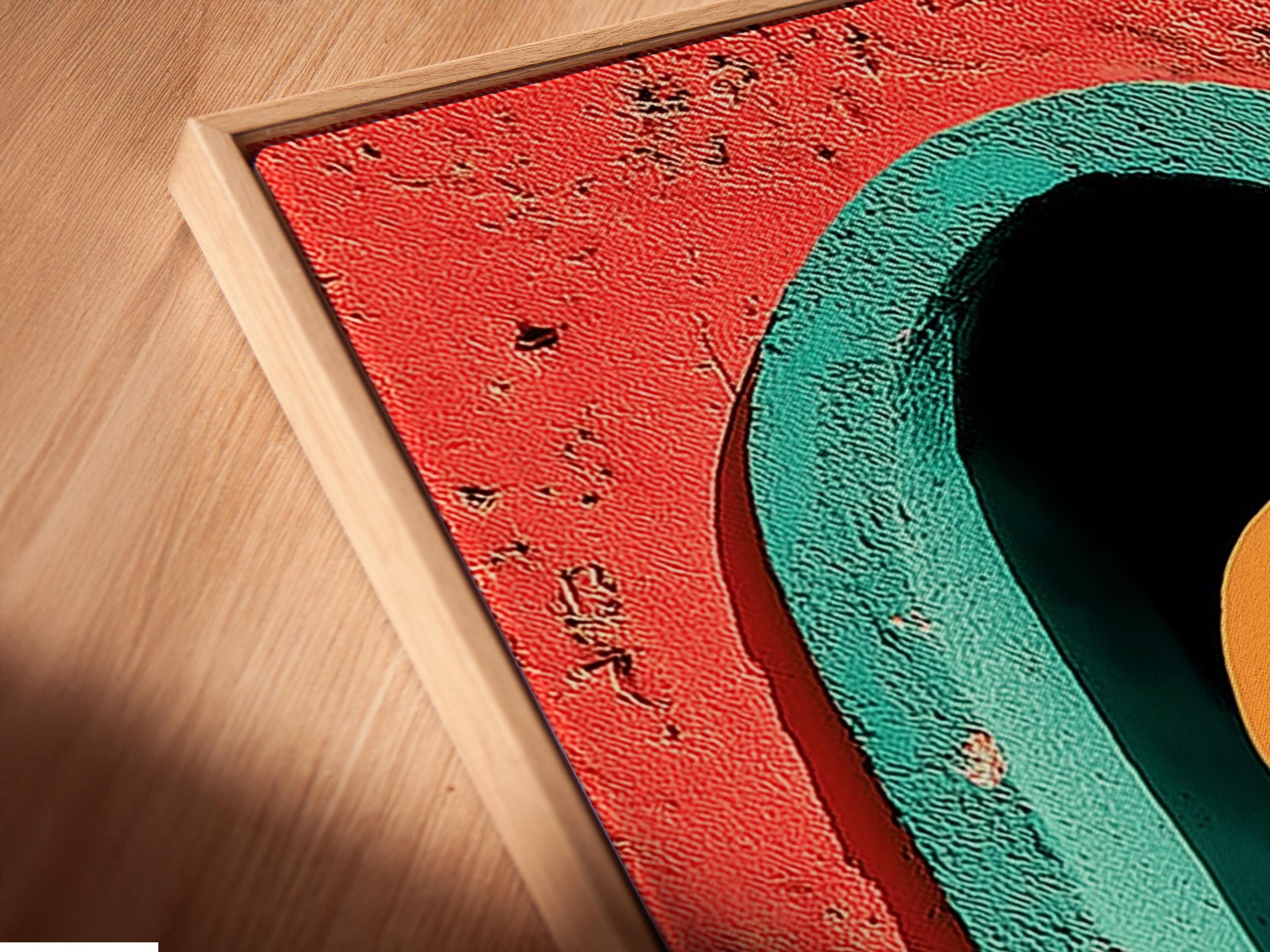 Illustrated coral-red and teal archway with sandy desert path and dark stone shapes detail view