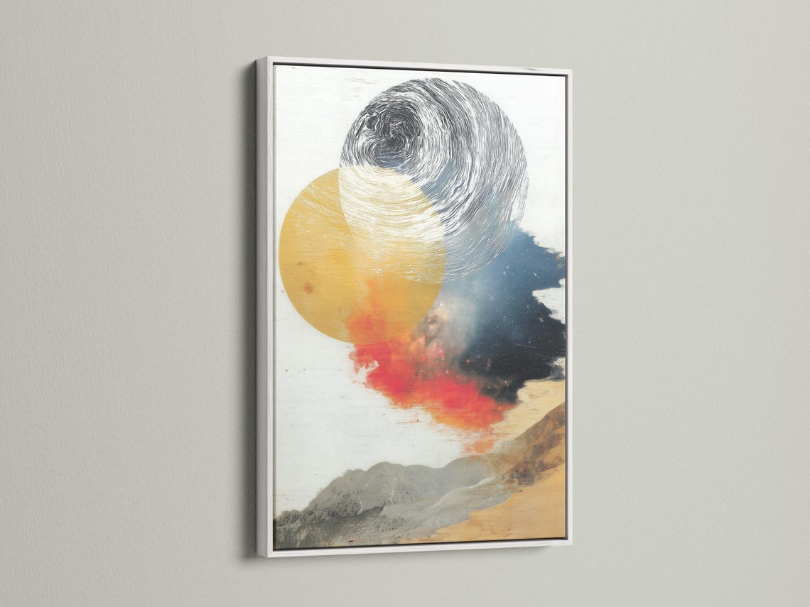 Ochre, grey and blue abstract landscape with swirling wave linework and overlapping circles detail view