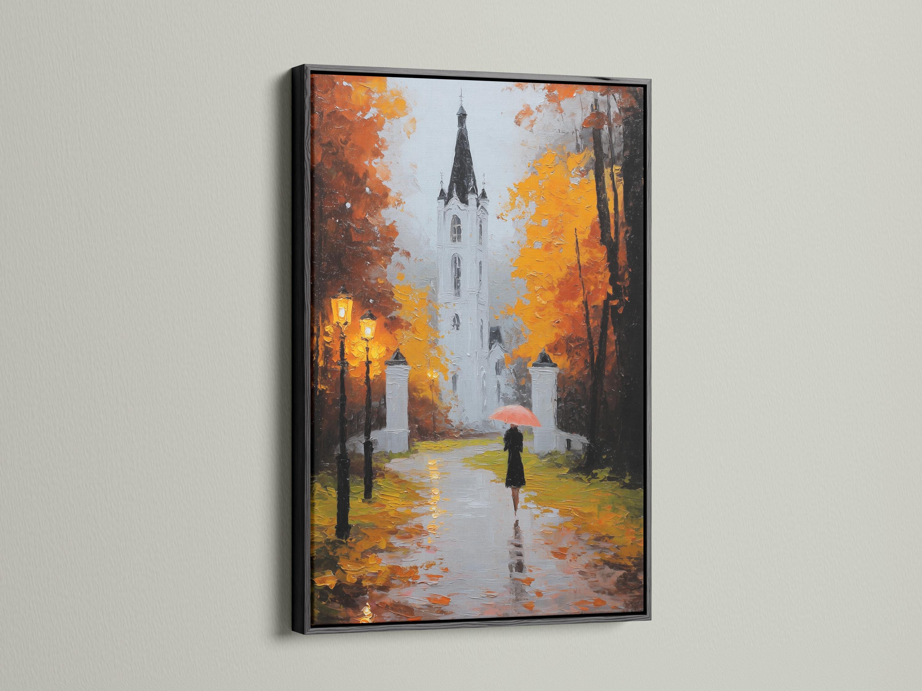 Painterly autumn street scene with a white church, orange leaves, and a figure holding a red umbrella detail view