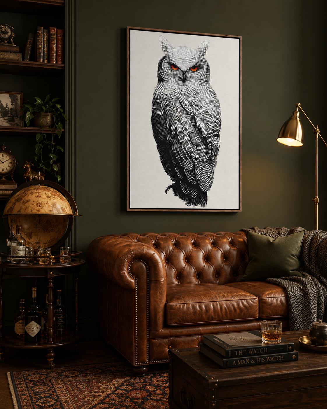 Dotted owl artwork in black and white with bright red-orange eyes detail view