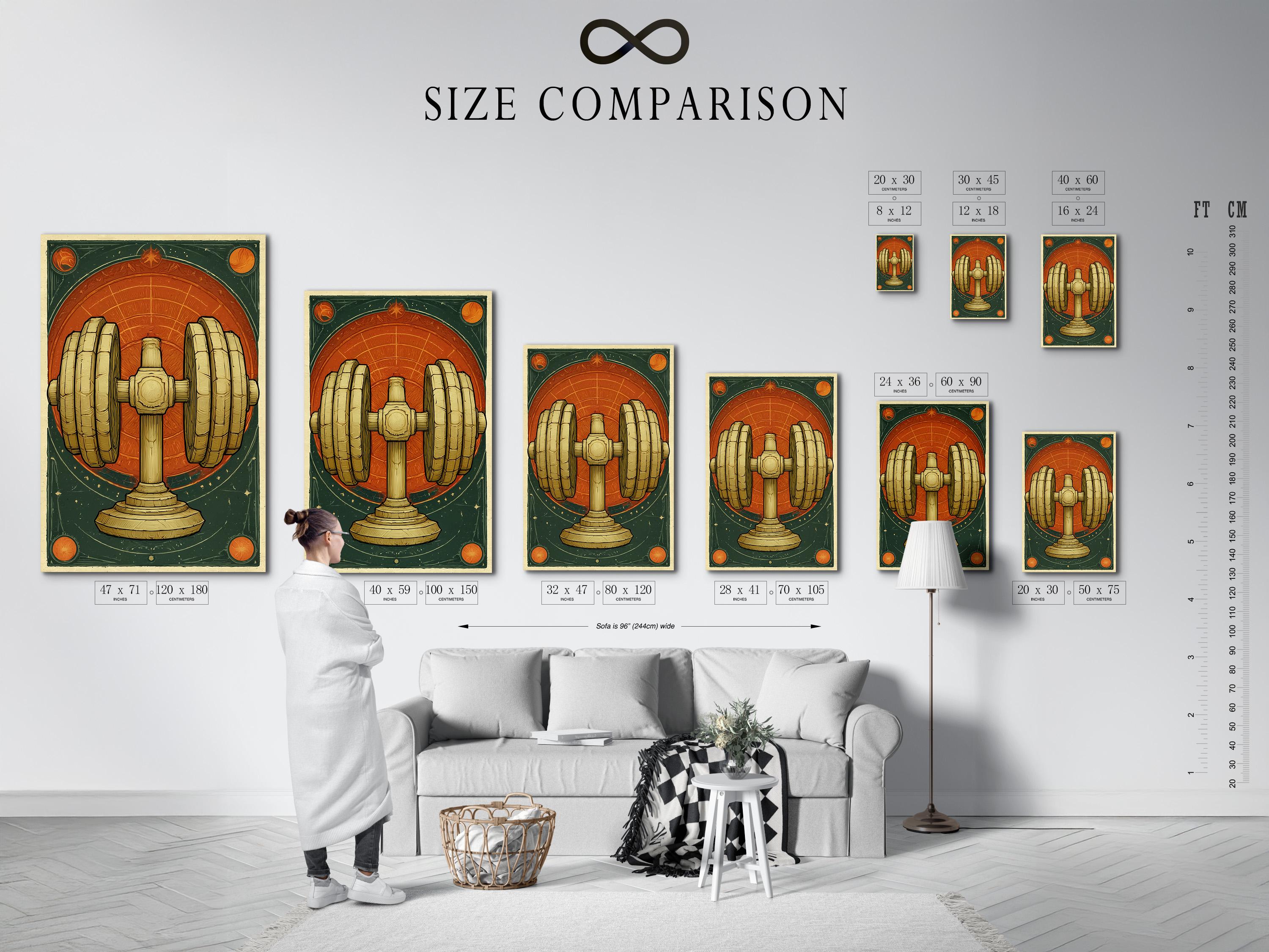 Framed gold dumbbell artwork shown on a wall with other matching pieces