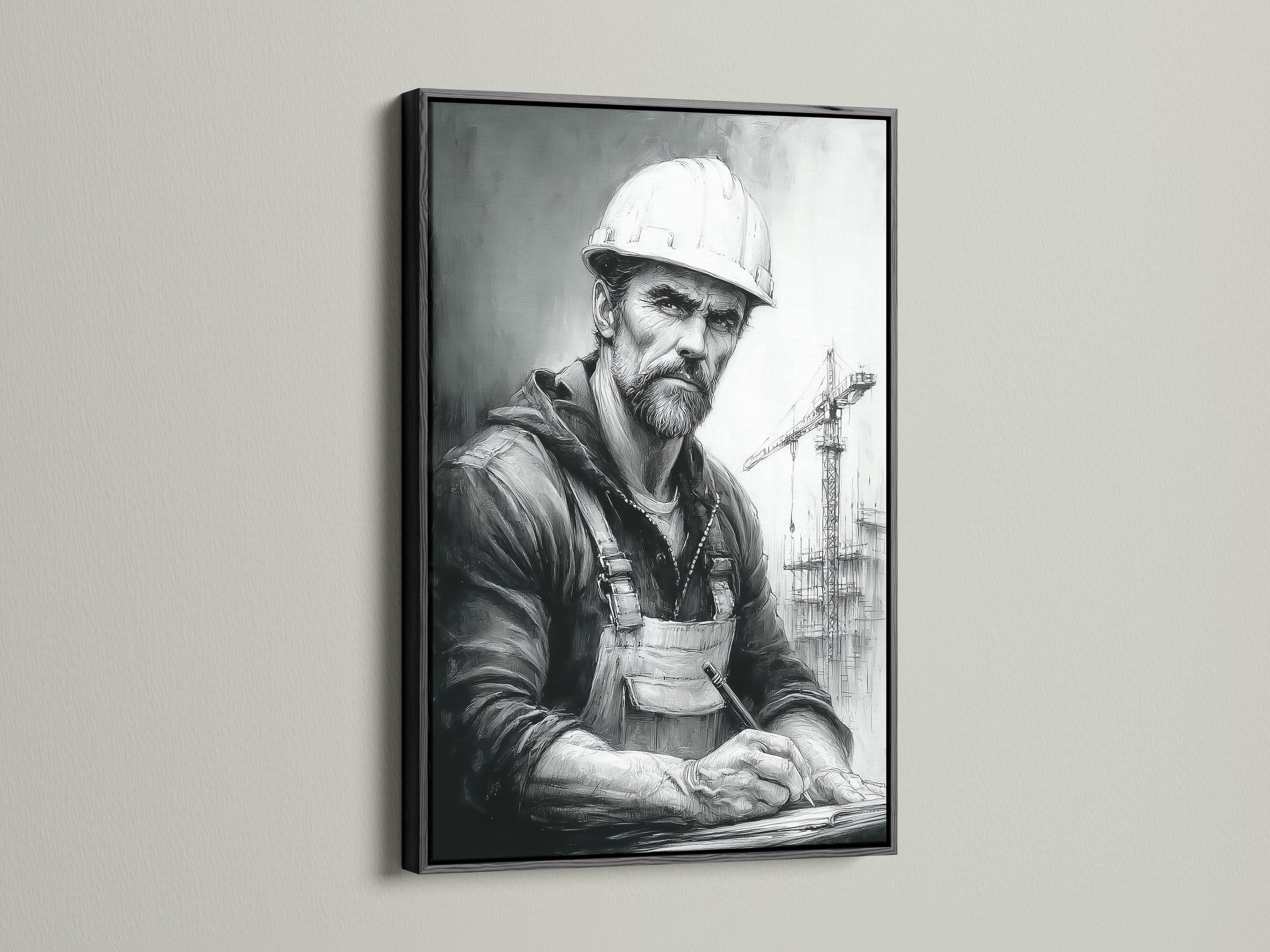 A wall mockup showing framed portrait options next to a monochrome construction worker artwork