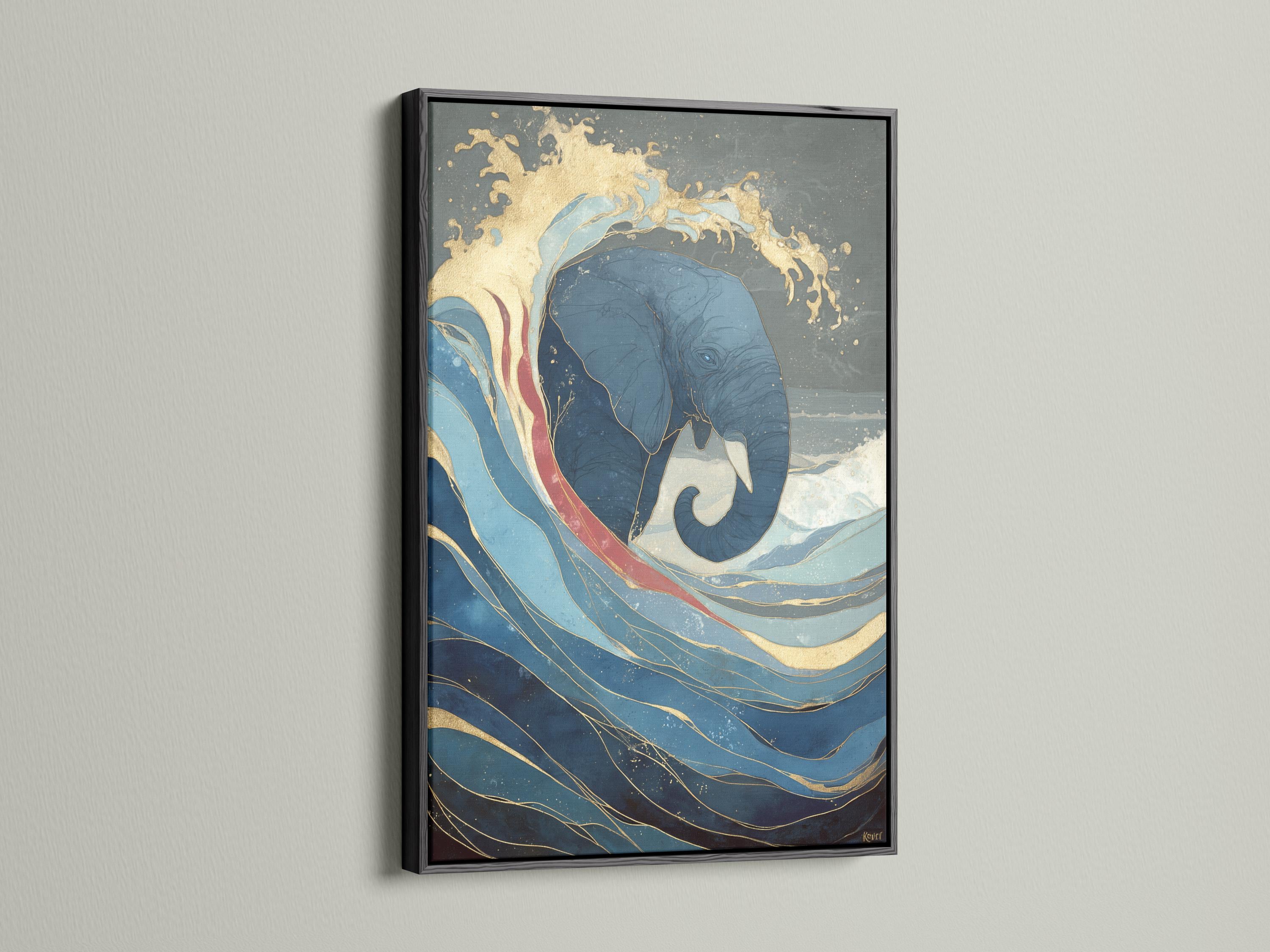 Blue and gold elephant emerging from ocean waves artwork detail view