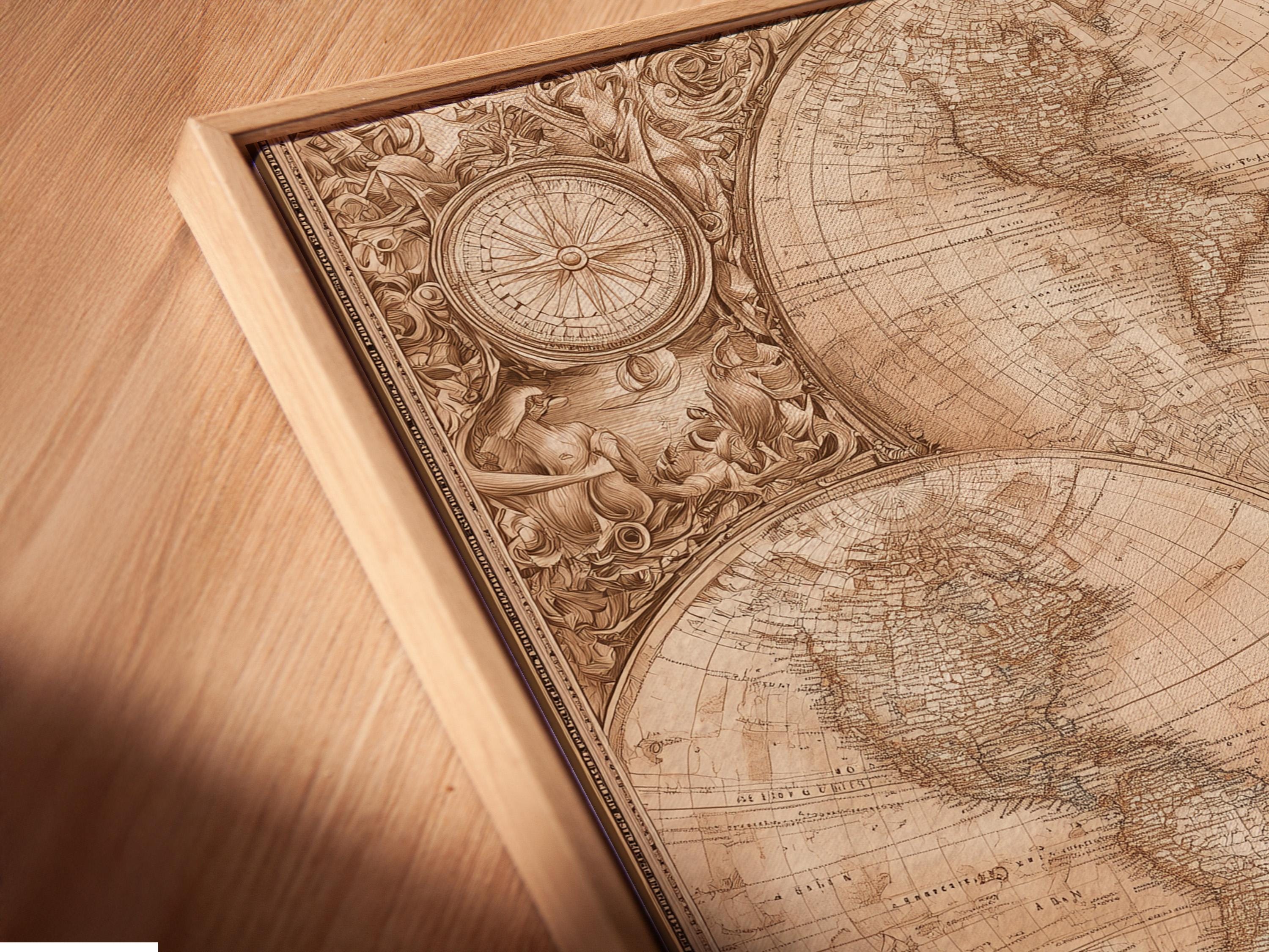 Sepia antique world map with compass circle and sailing ships on waves detail view