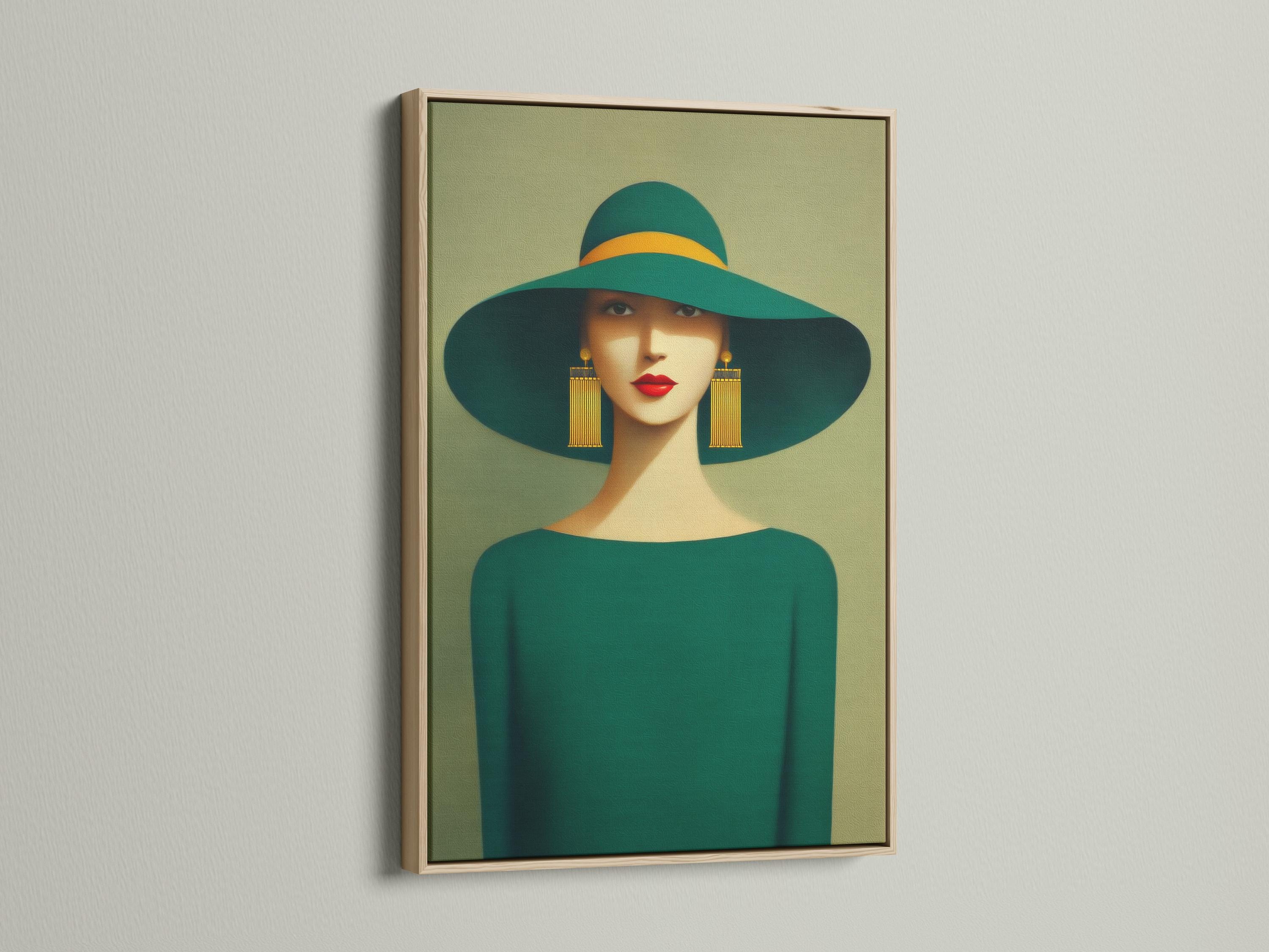 Mockup of a framed stylised woman portrait with a wide green hat and teal outfit