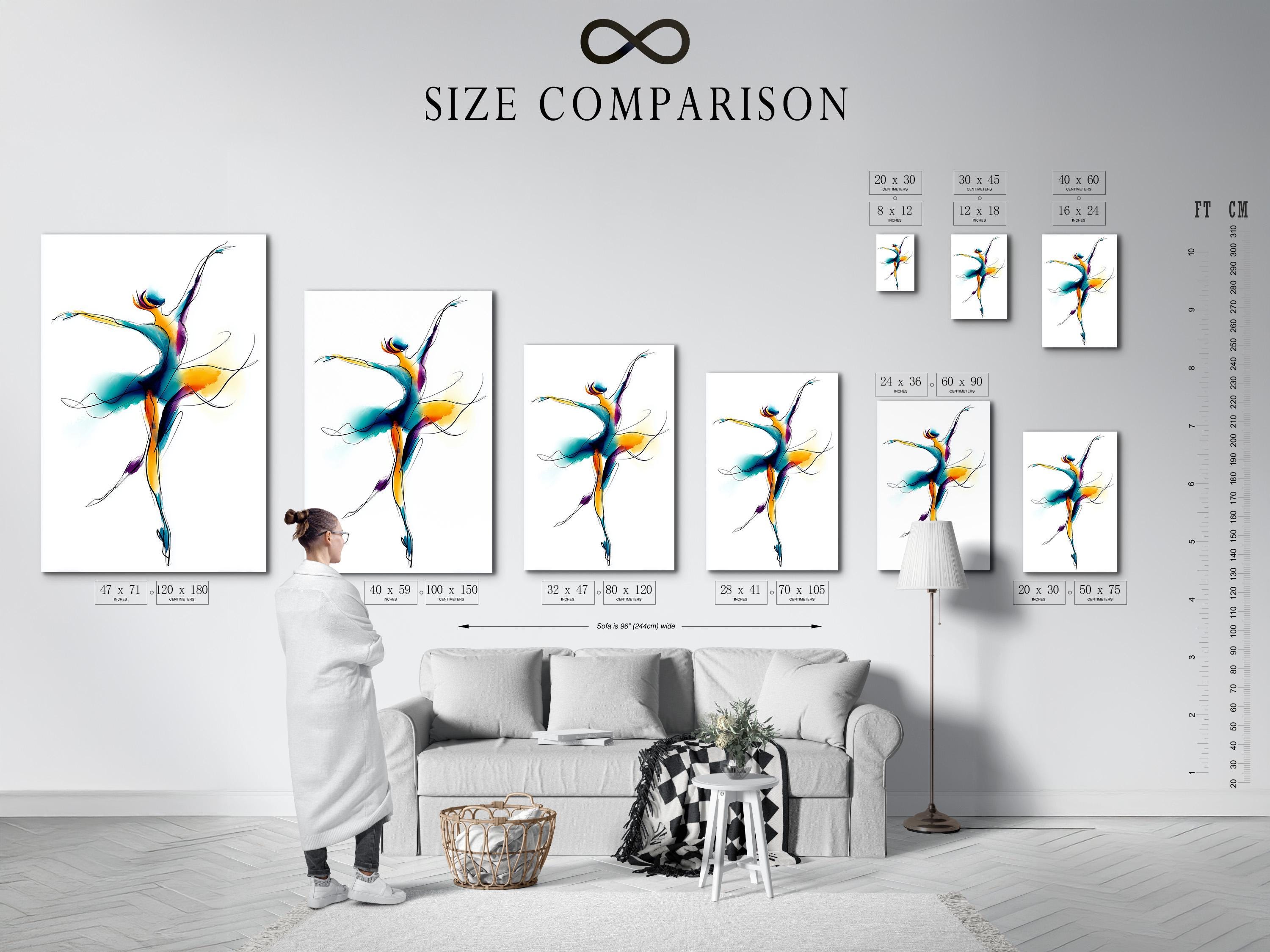 Ballet dancer illustration with teal, purple, and gold swirls on a white background detail view