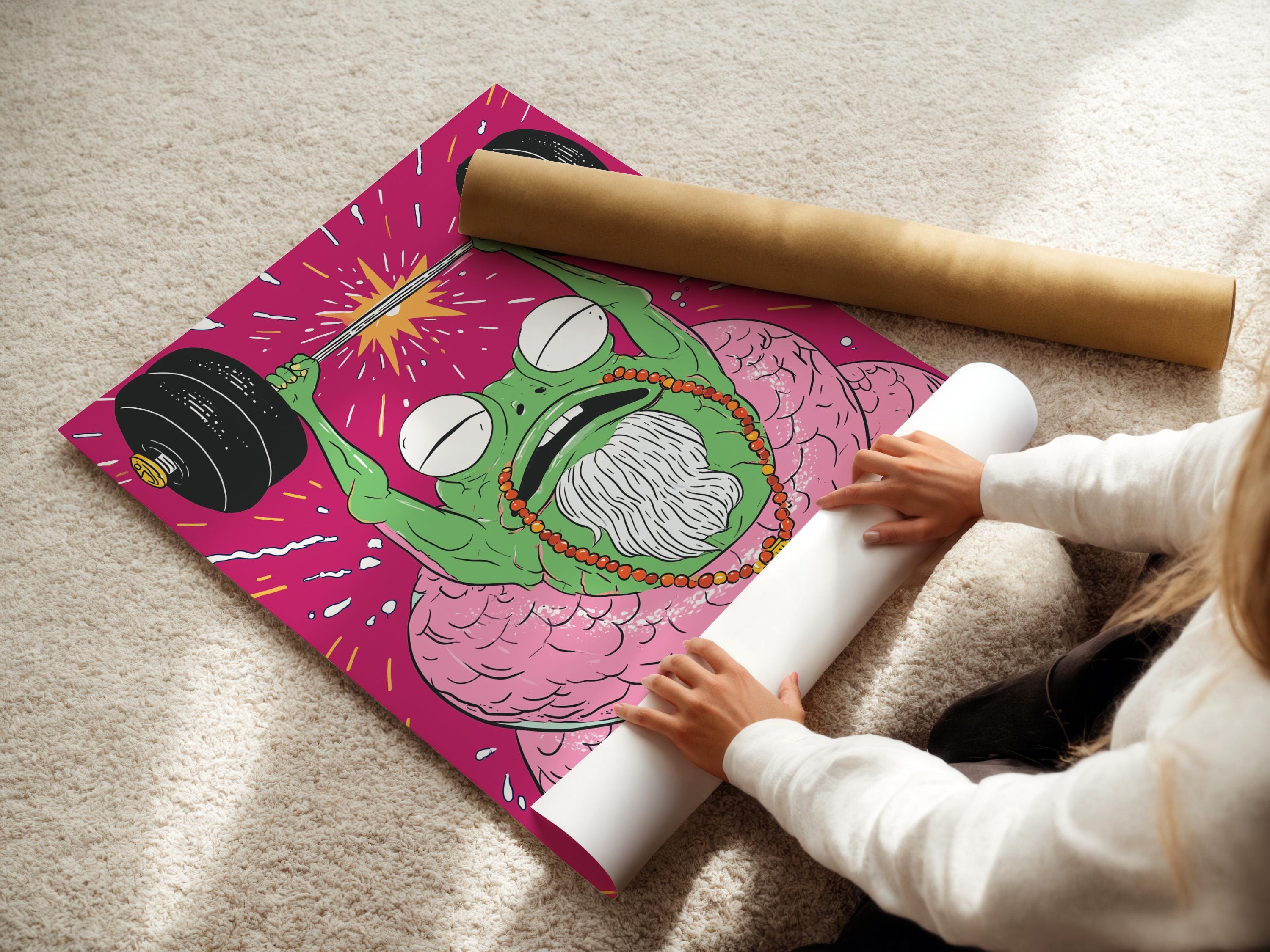 Cartoon frog weightlifter lifting dumbbells in a hot pink burst background detail view