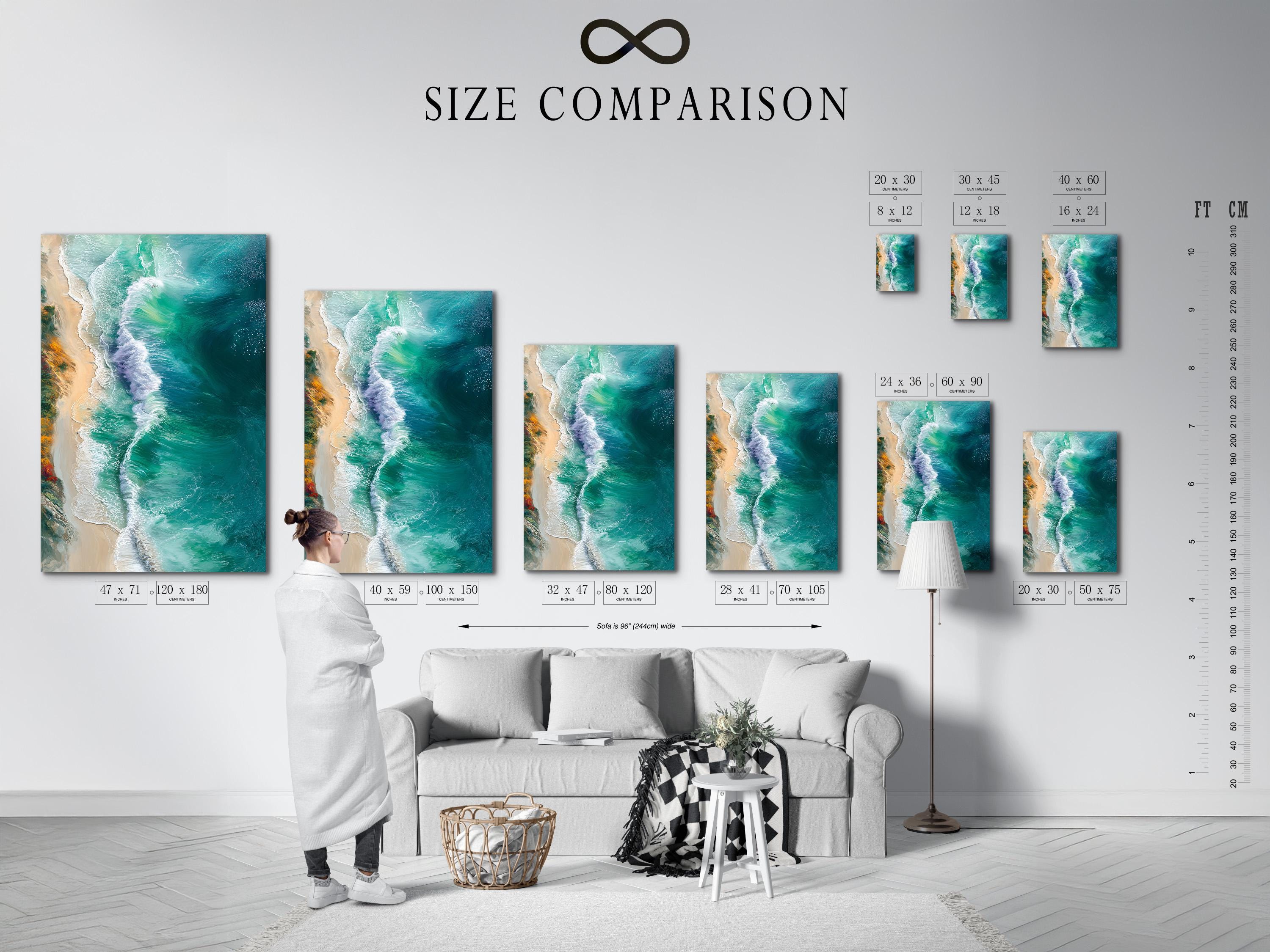 Room mockup showing framed ocean waves artwork in teal and turquoise tones