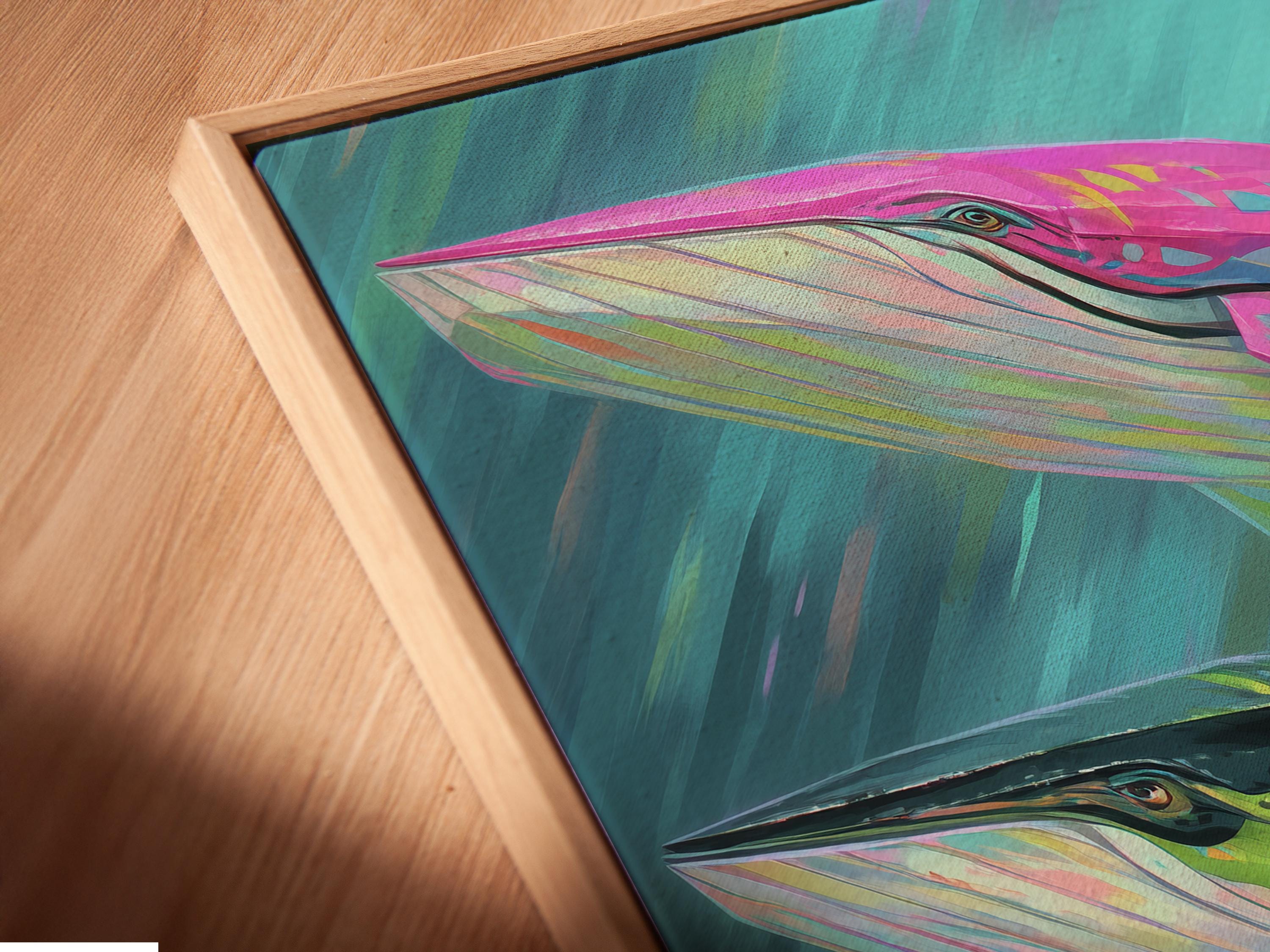 Artwork mockup showing a framed whale ocean illustration on a light background with colour variants