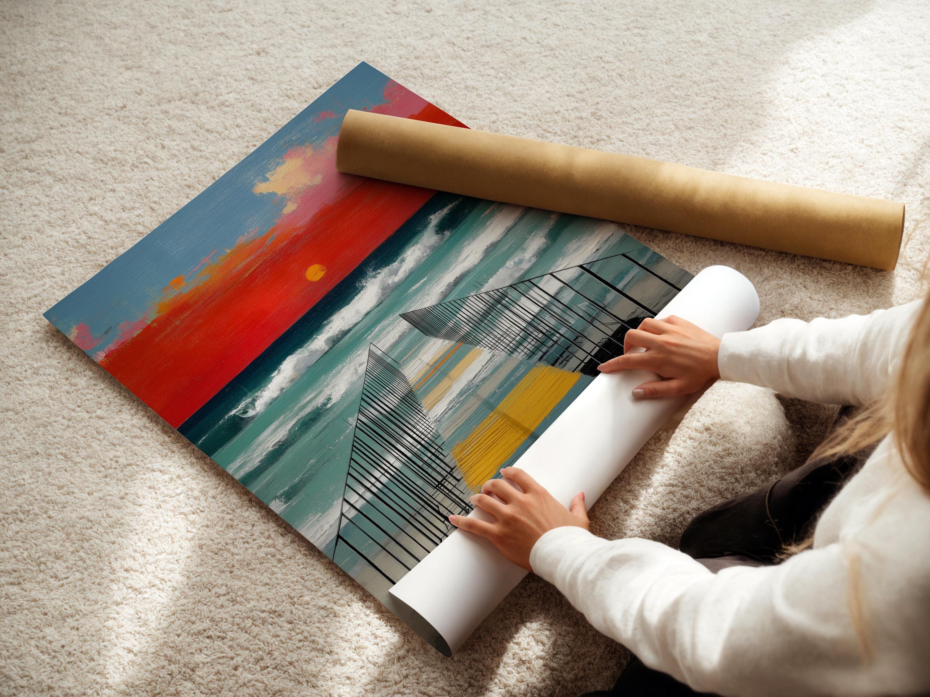 Sunset pier seascape wall art mockup on a light background with framed versions shown