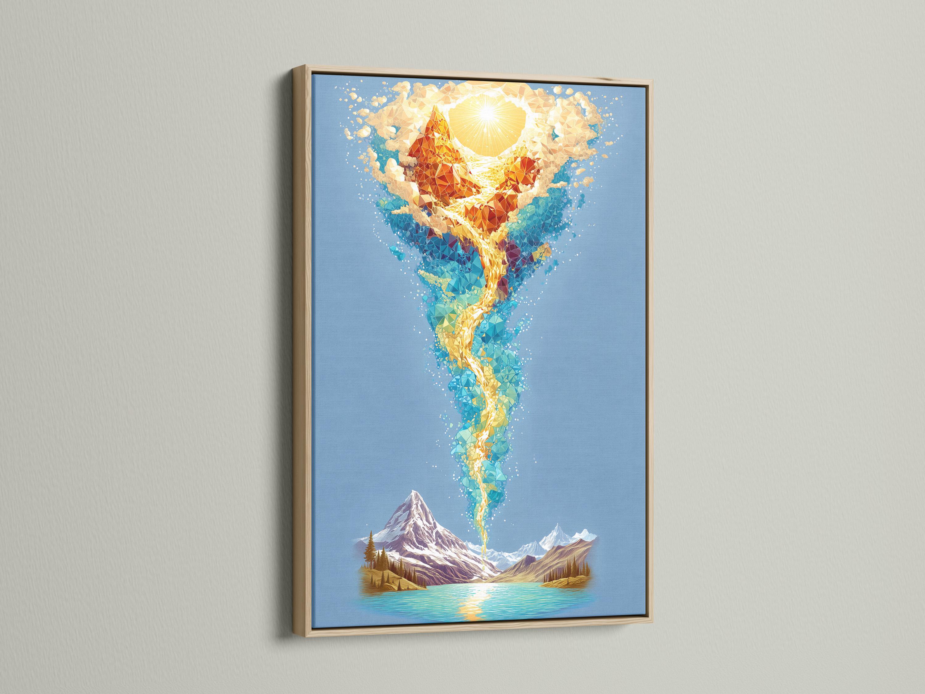 Blue mountain lake artwork with a glowing golden faceted human-like figure rising above it detail view
