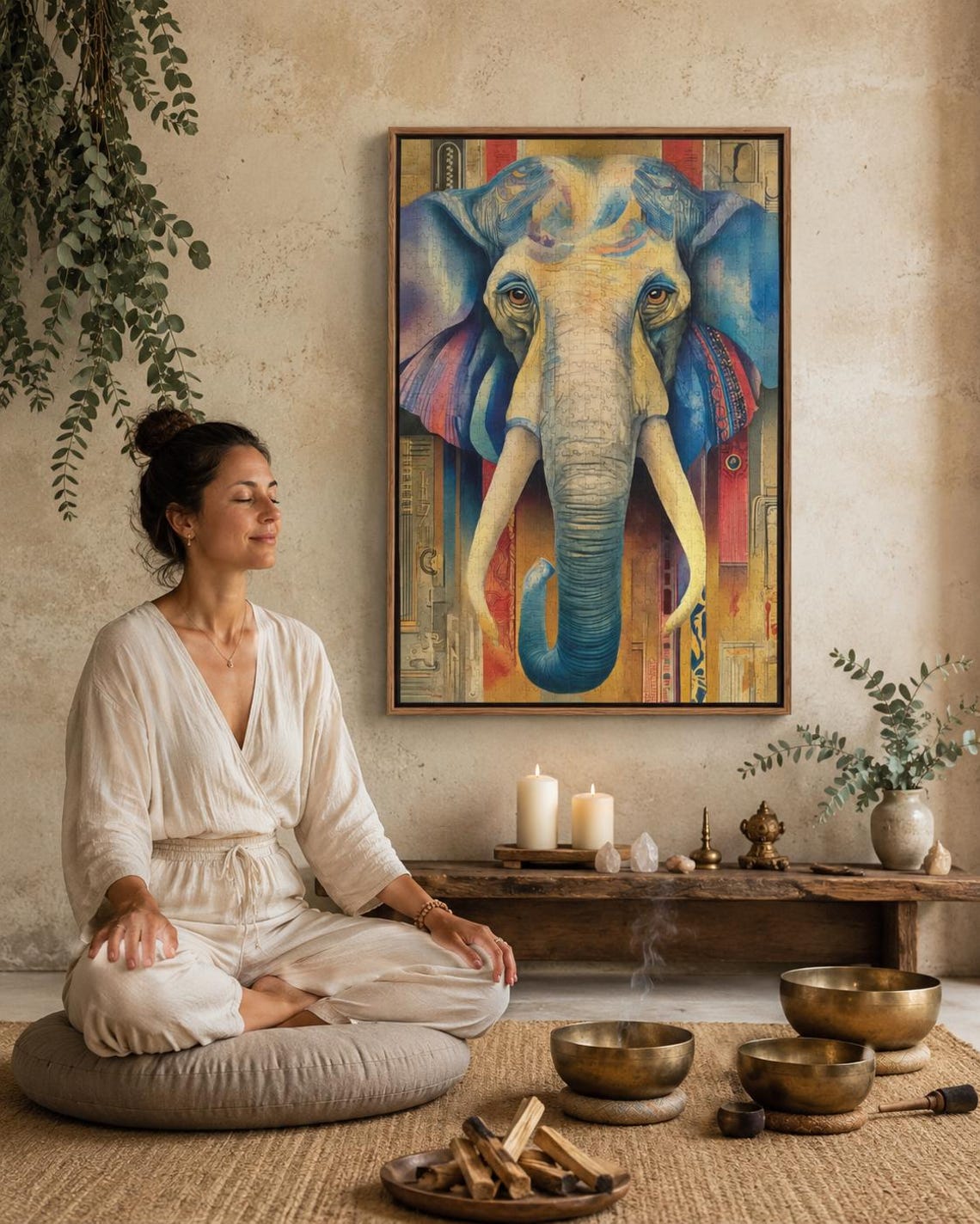 A stylised blue elephant portrait with patterned, map-like details sits centre-stage within a colourful, vintage-inspired background detail view