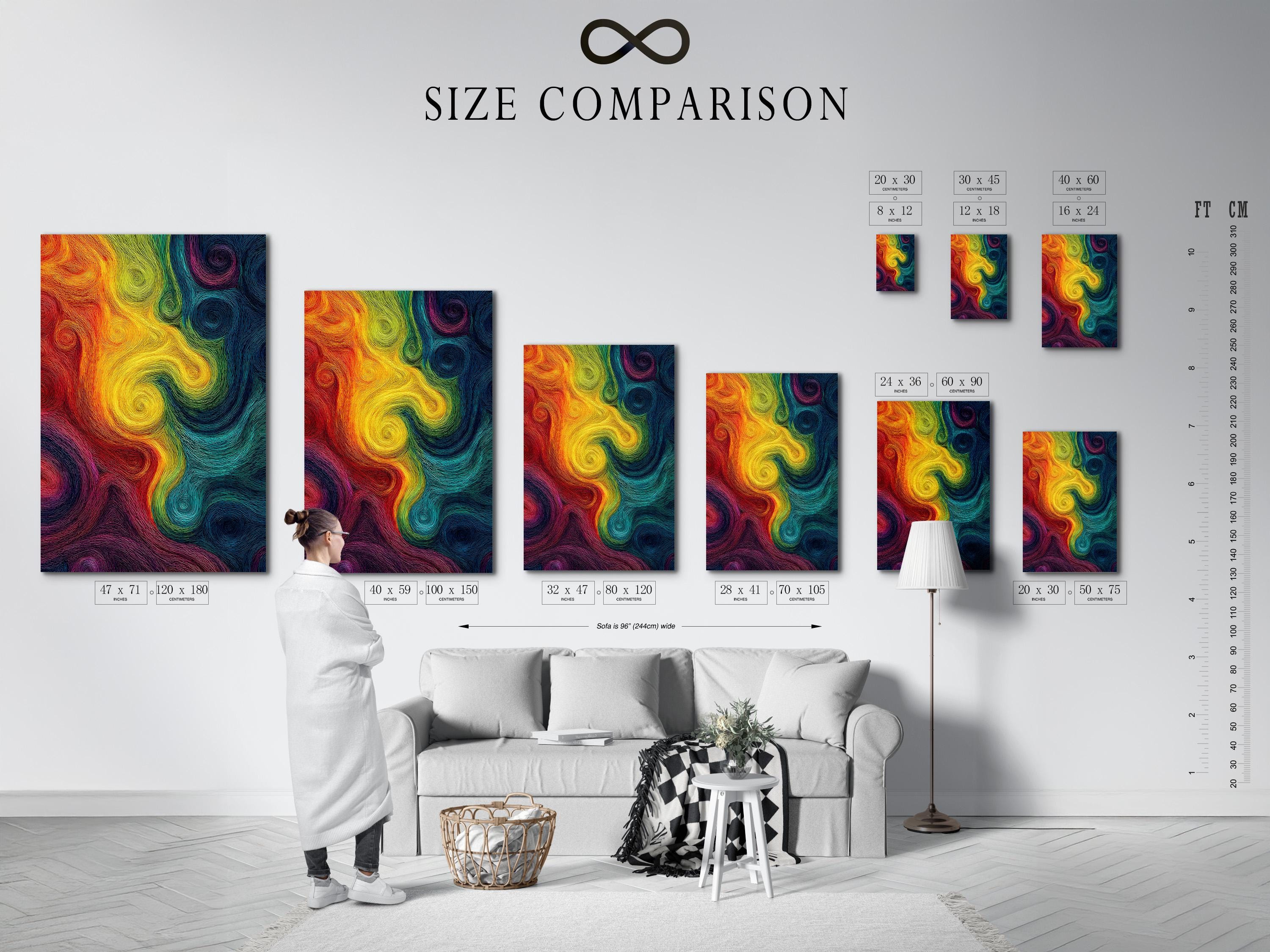 Rainbow abstract artwork with concentric swirling line patterns and a psychedelic spiral design detail view