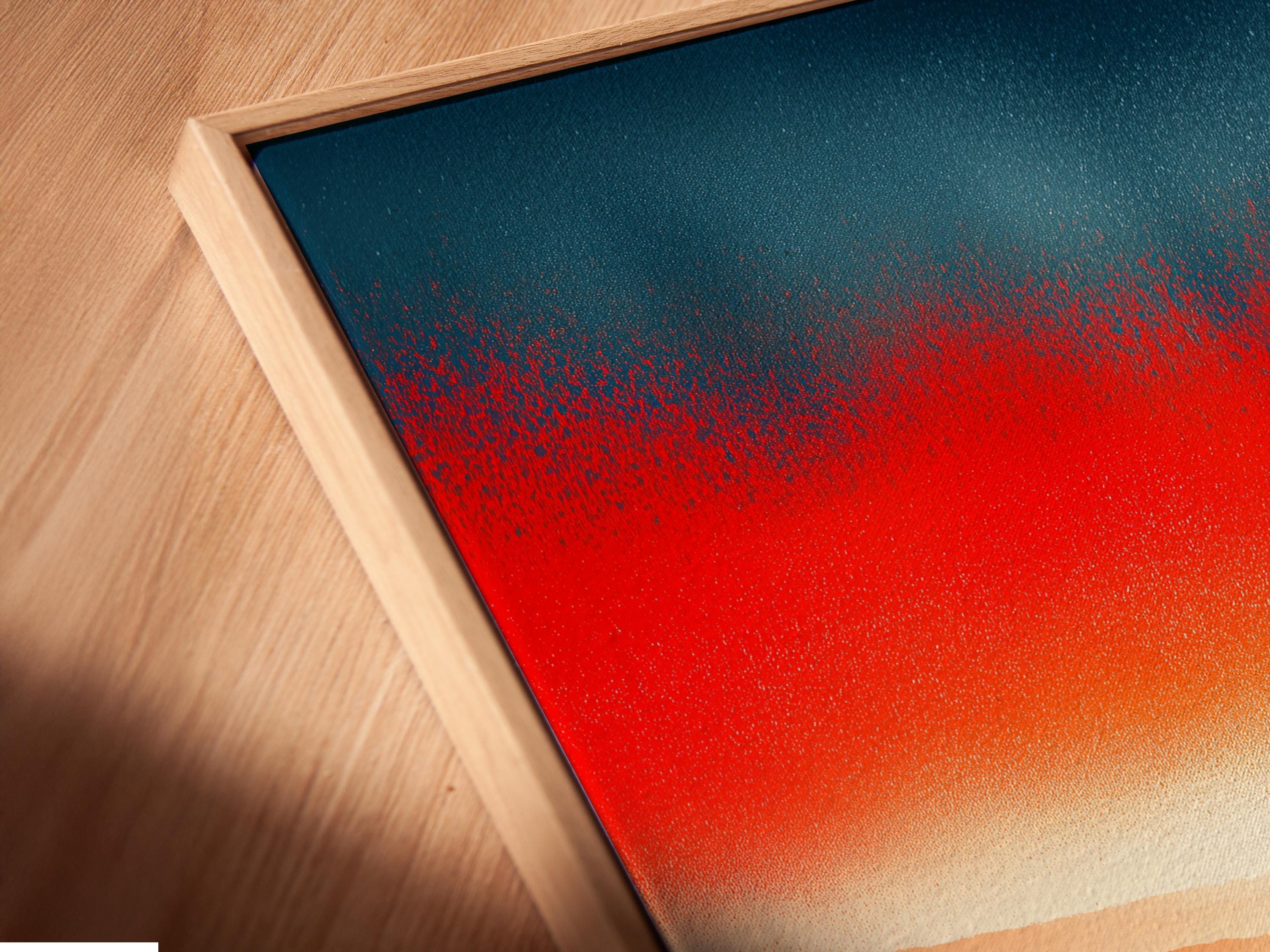 Room mockup showing a red orange sunset mountain landscape artwork on a wall
