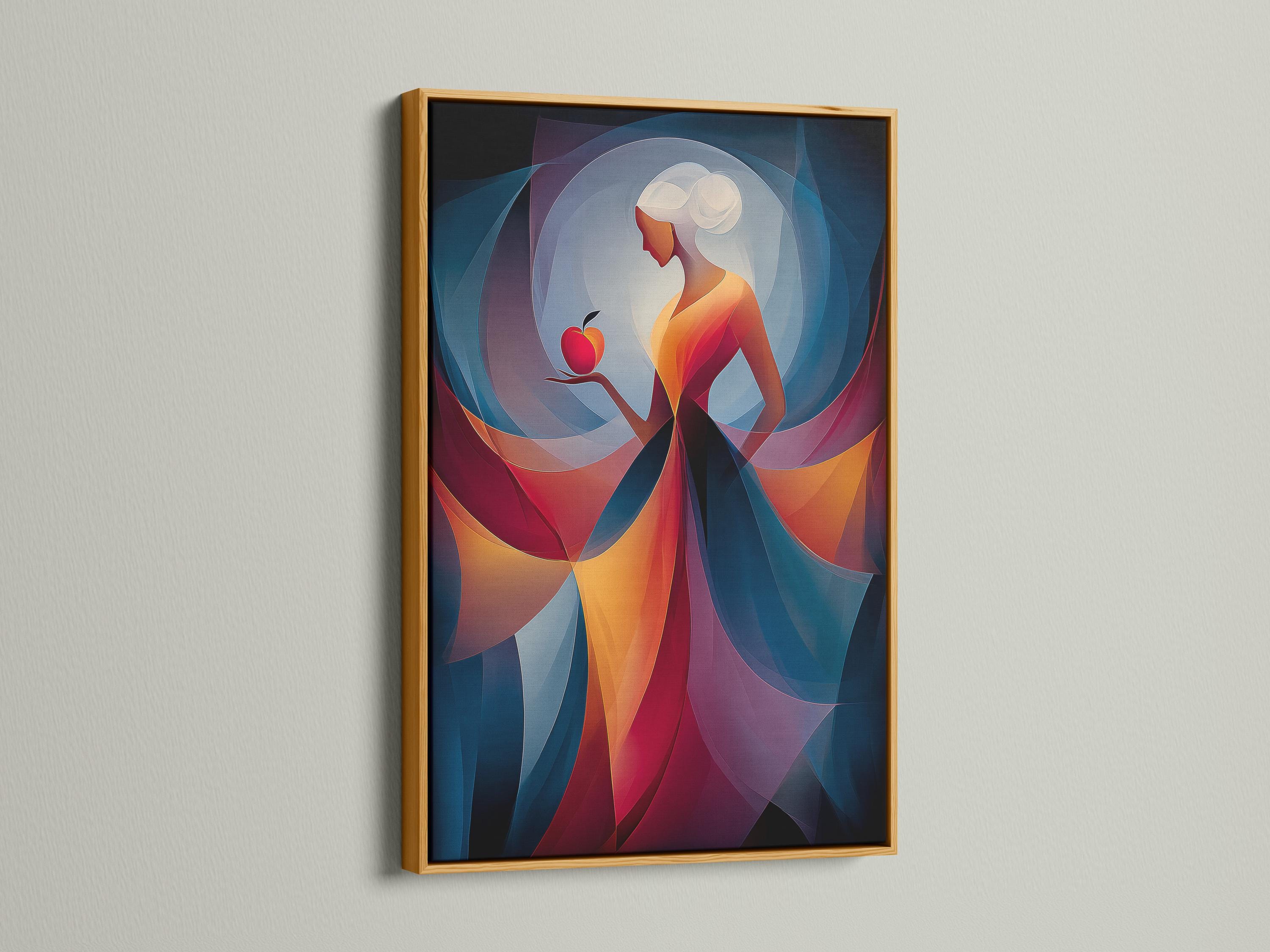 Abstract woman holding a red apple with layered blue, teal and purple curved shapes detail view
