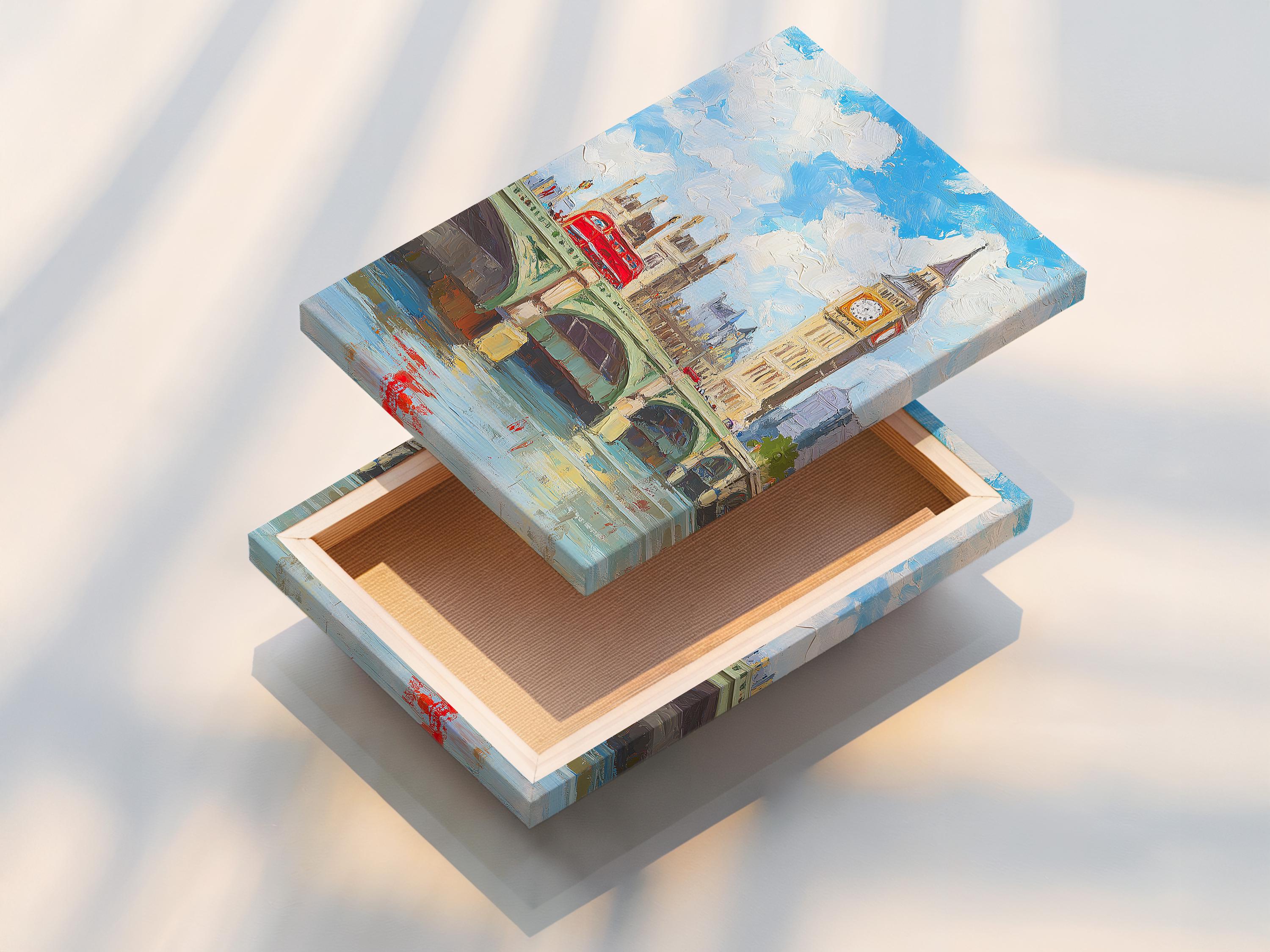 Room mockup with a framed blue cityscape artwork above a wooden sideboard and dining table
