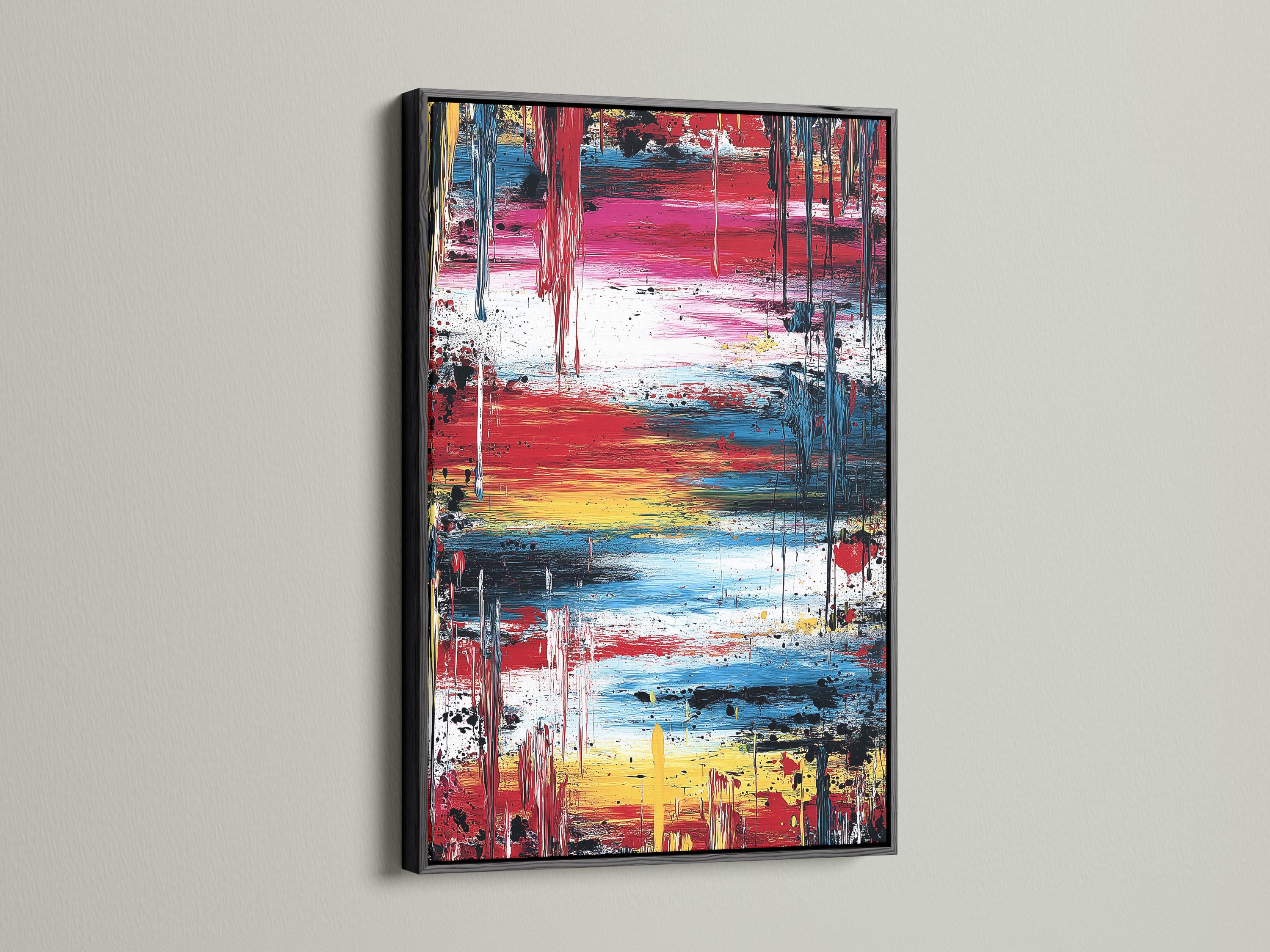 Abstract expressionist painting with red, blue, yellow, white and dark drips detail view