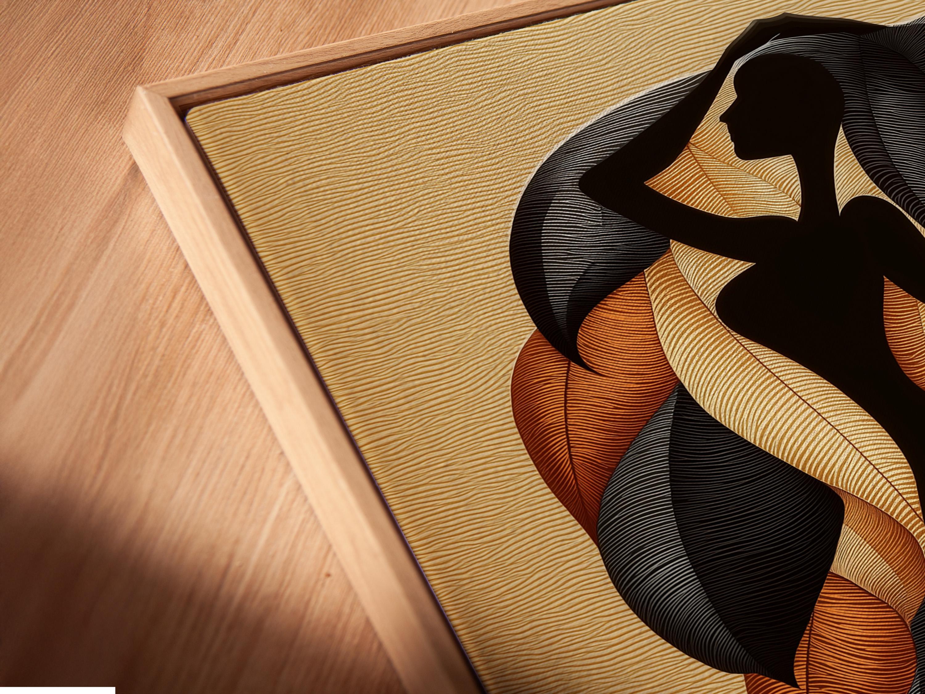 Leaf silhouette artwork with a dark figure shape and swirling burnt orange leaf forms on a beige textured background detail view