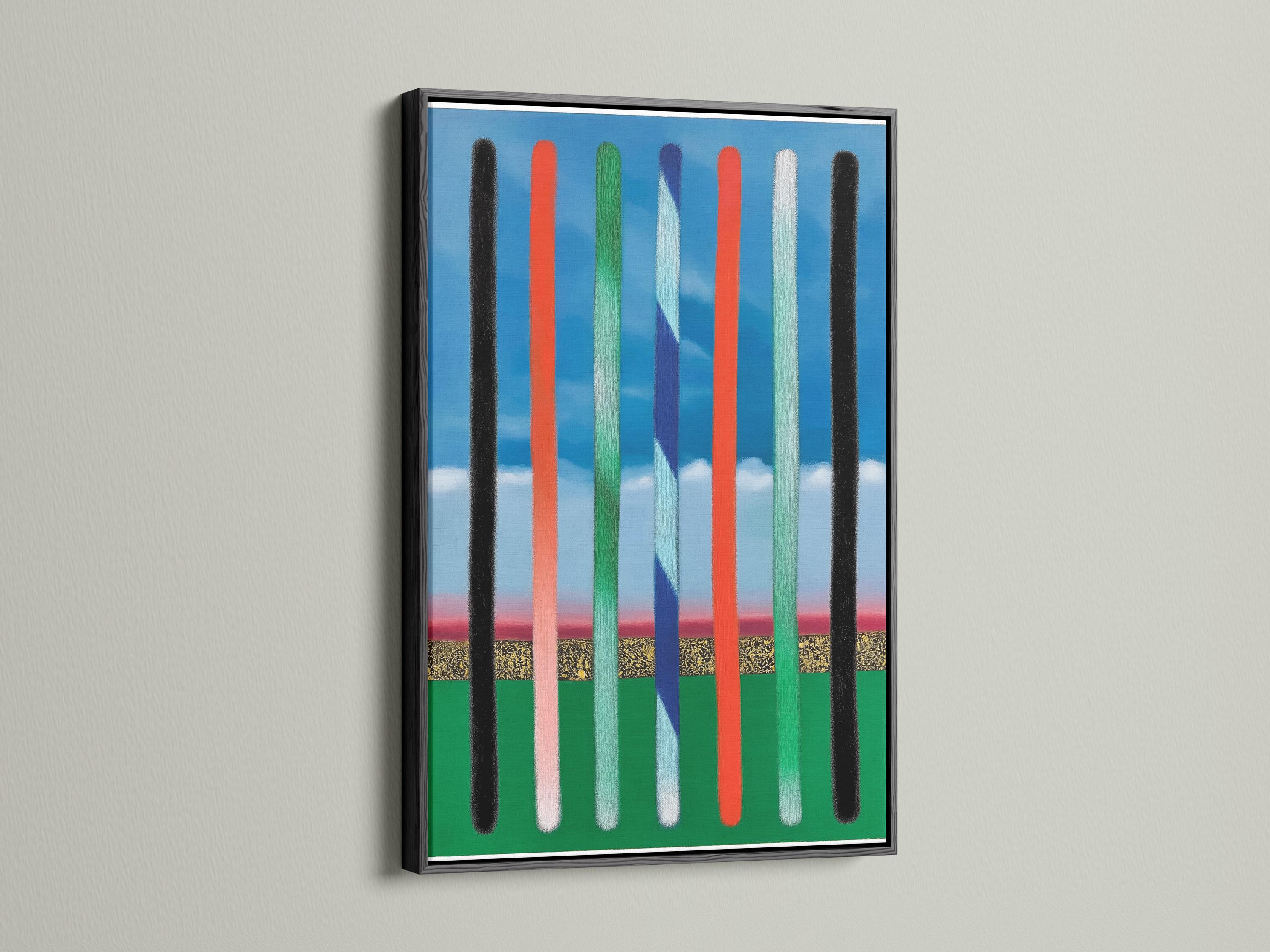 Abstract vertical stripes artwork with blue sky bands and black, red, green, and off-white bars detail view