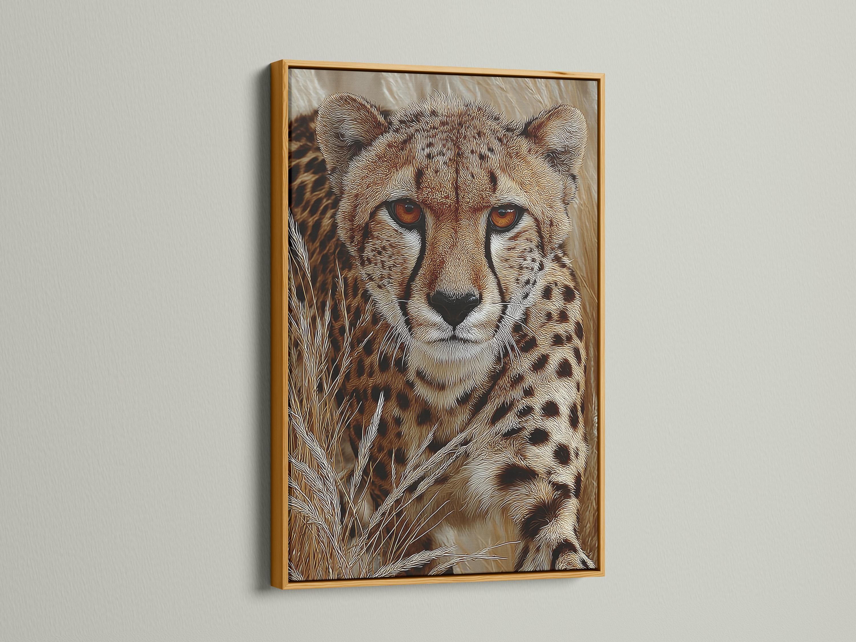 Textured cheetah portrait with amber eyes in warm brown and beige tones detail view