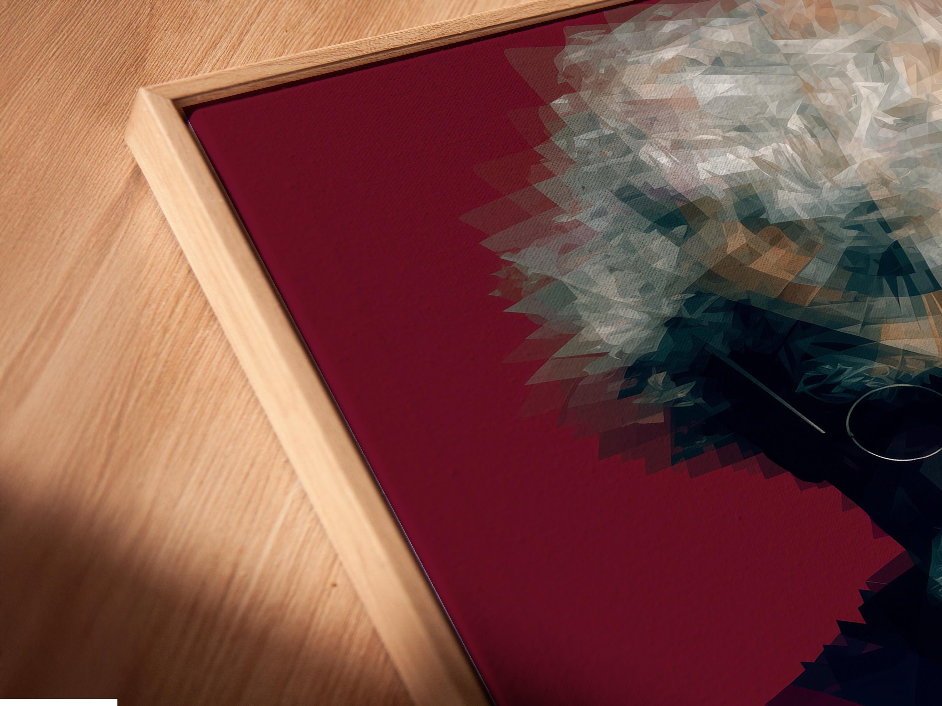 Geometric portrait of a writer in a hat and glasses holding a pen over a desk detail view