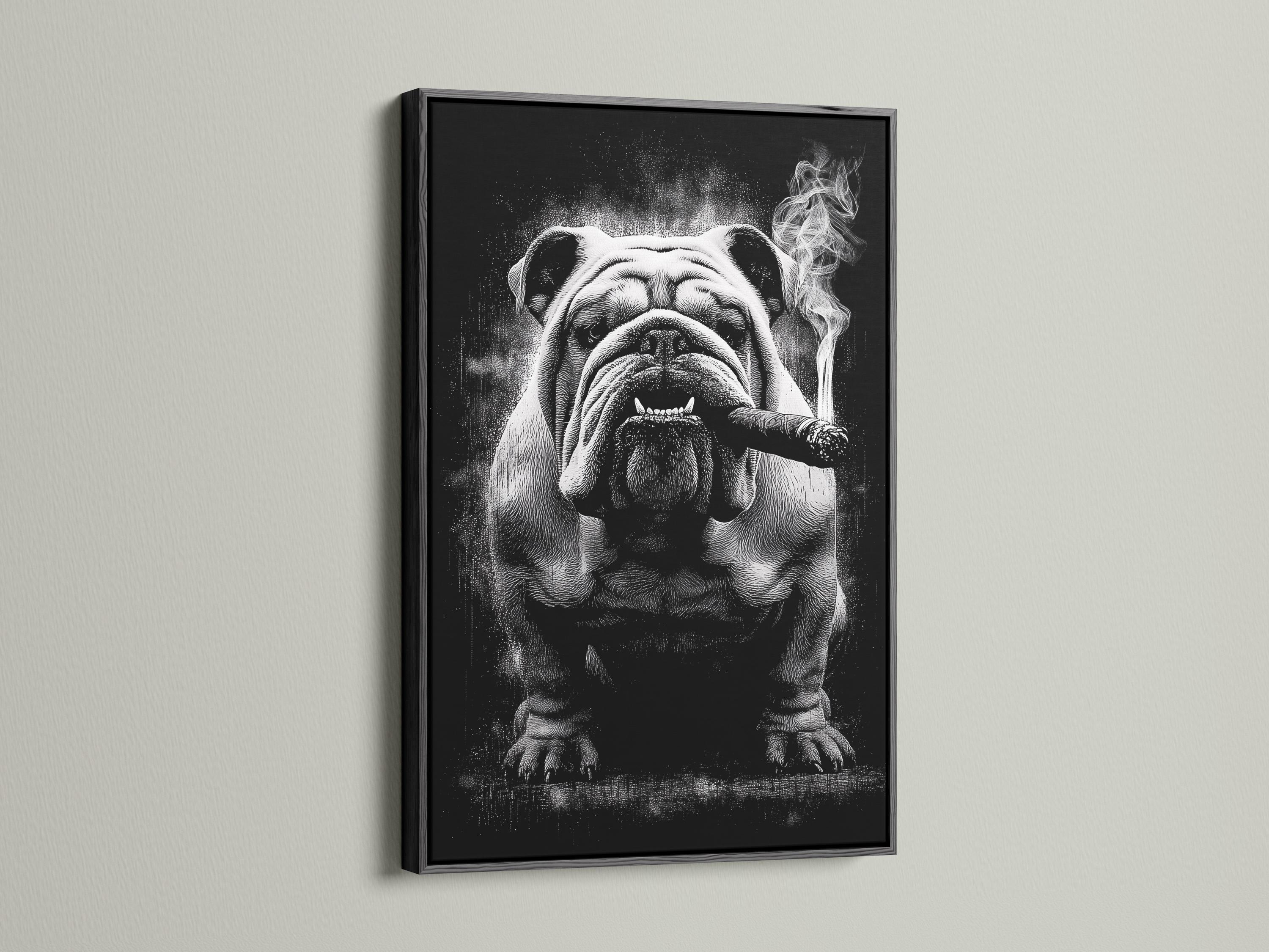 Monochrome bulldog portrait with a cigar and swirling smoke against a dark background detail view