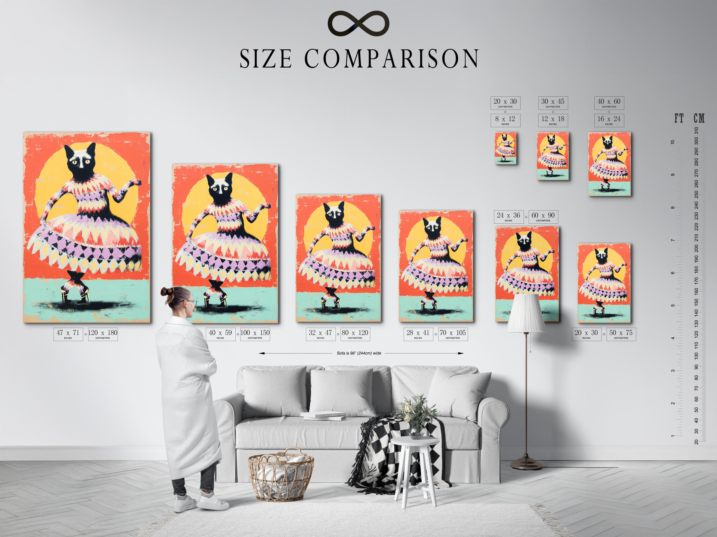 Cat artwork in a framed mockup on a wall with additional frame variations