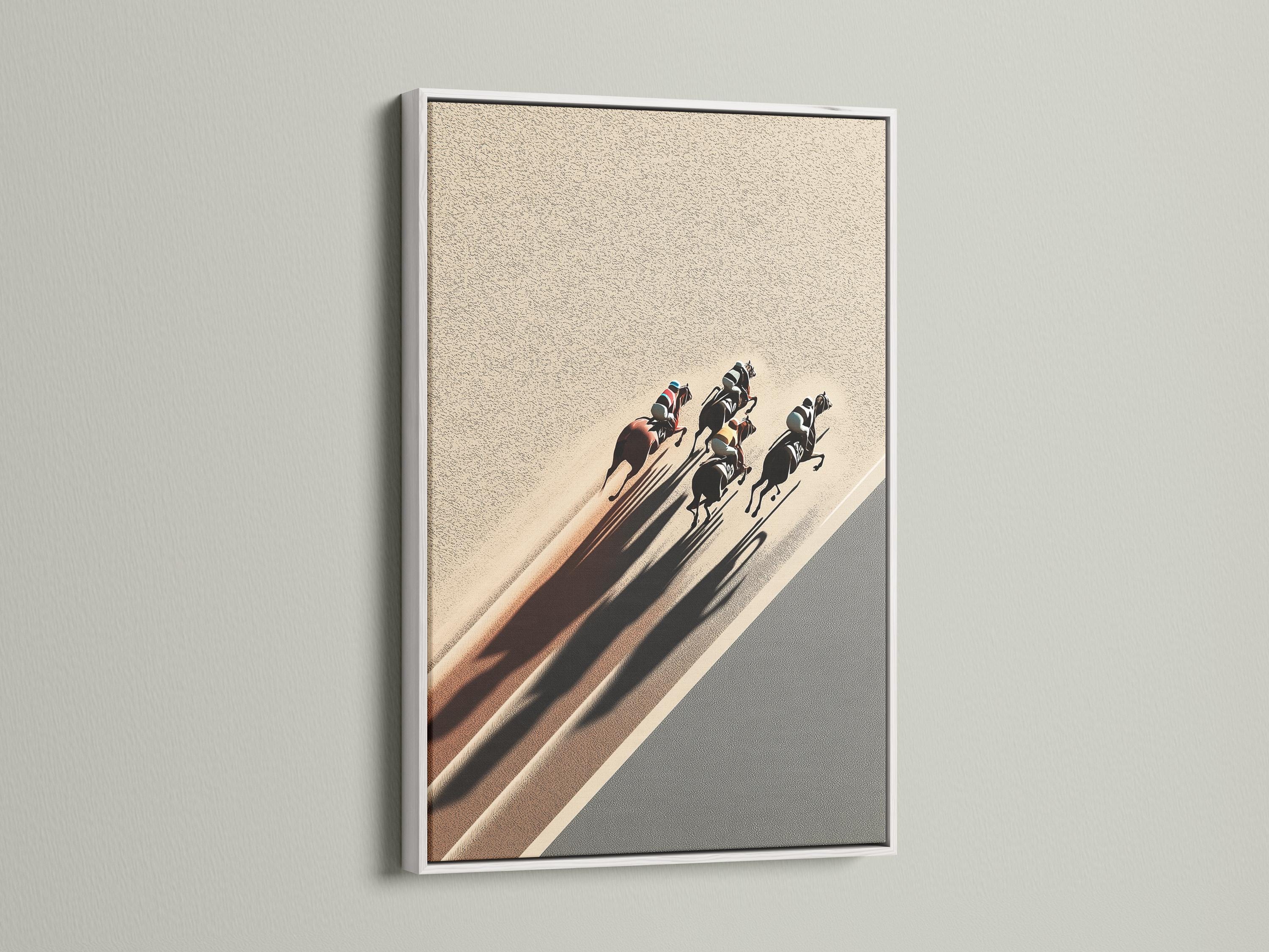 Racehorses and riders galloping along a diagonal sandy track with long dark shadows detail view