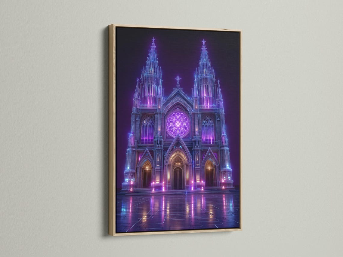 Neon purple and blue gothic cathedral façade with glowing rosette window and reflections detail view