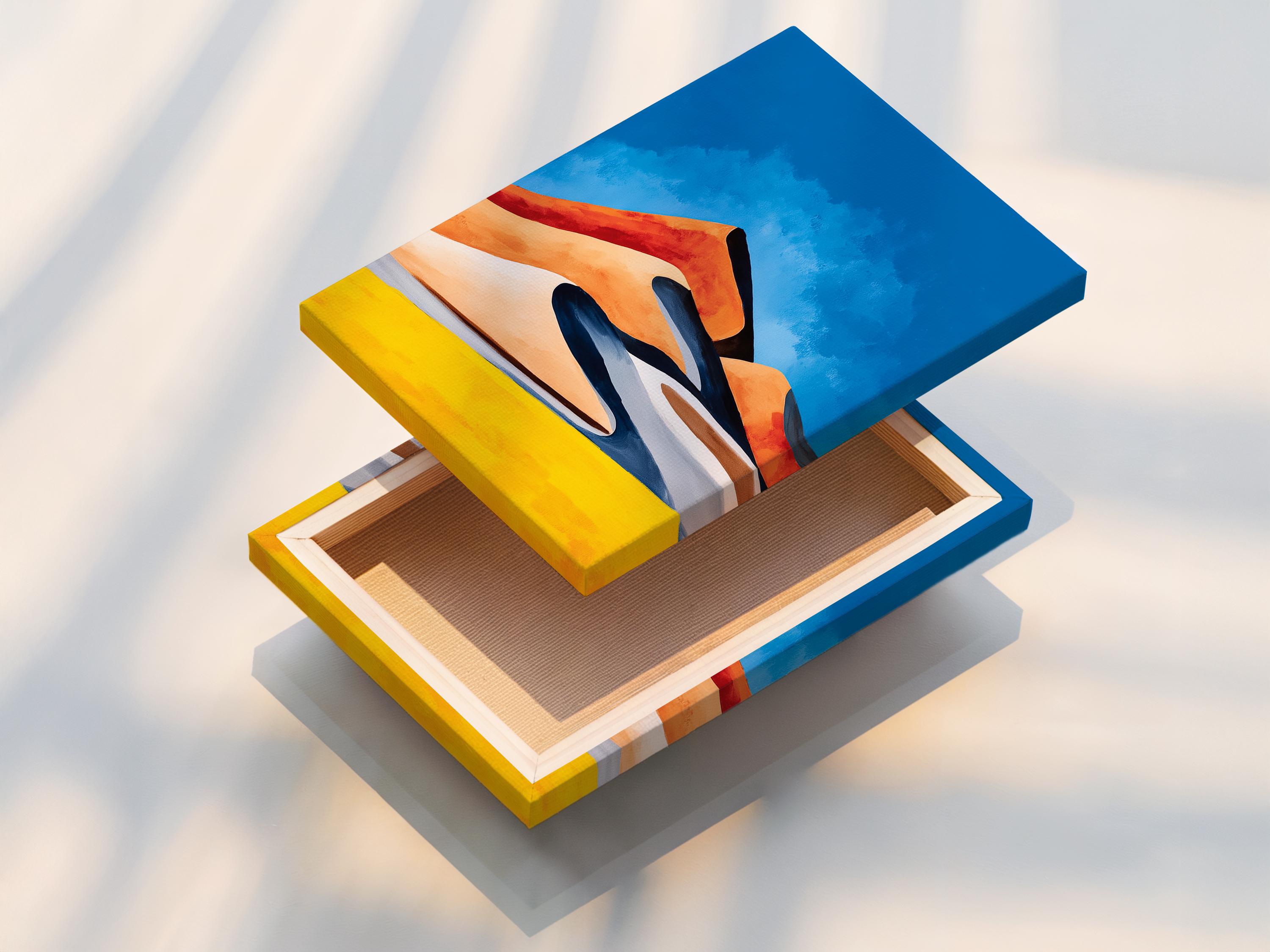 Stylised desert landscape with blue sky, orange dunes, dark navy shadows and golden yellow ground detail view
