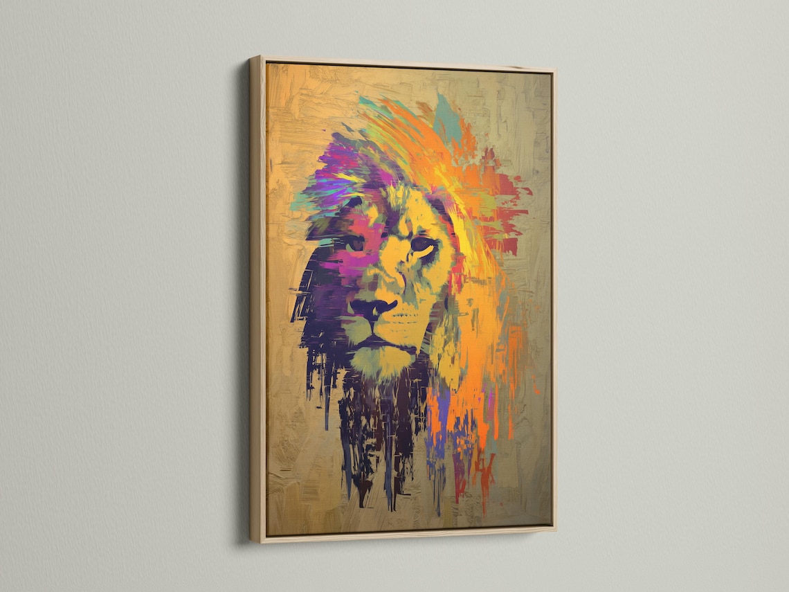 Stylised lion head artwork in warm beige with orange, purple and turquoise brush strokes detail view
