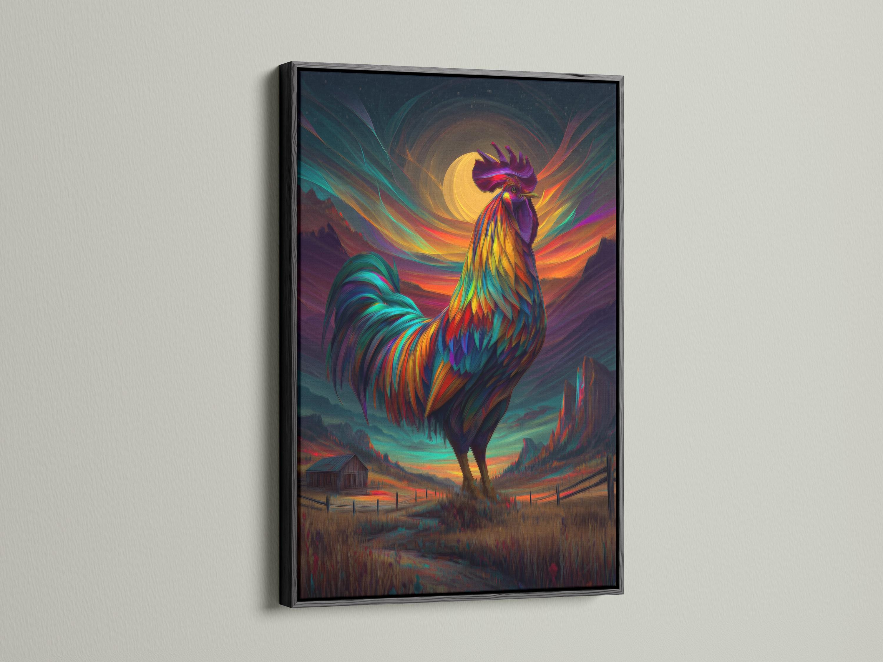 Stylised rainbow-feather rooster standing in front of a glowing sunset landscape detail view