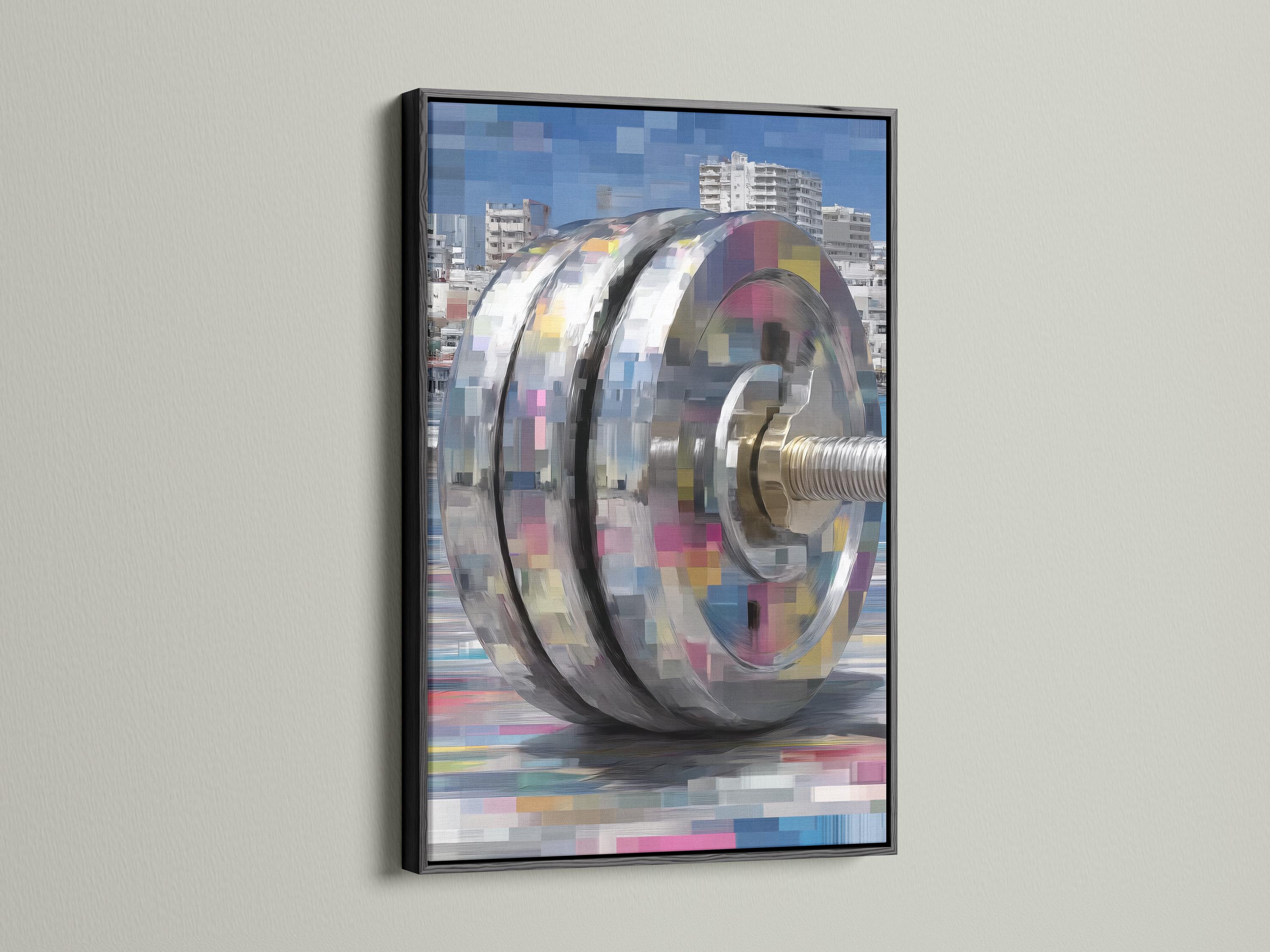 Stylised barbell end with curved motion arcs over a blocky city skyline in blue tones detail view