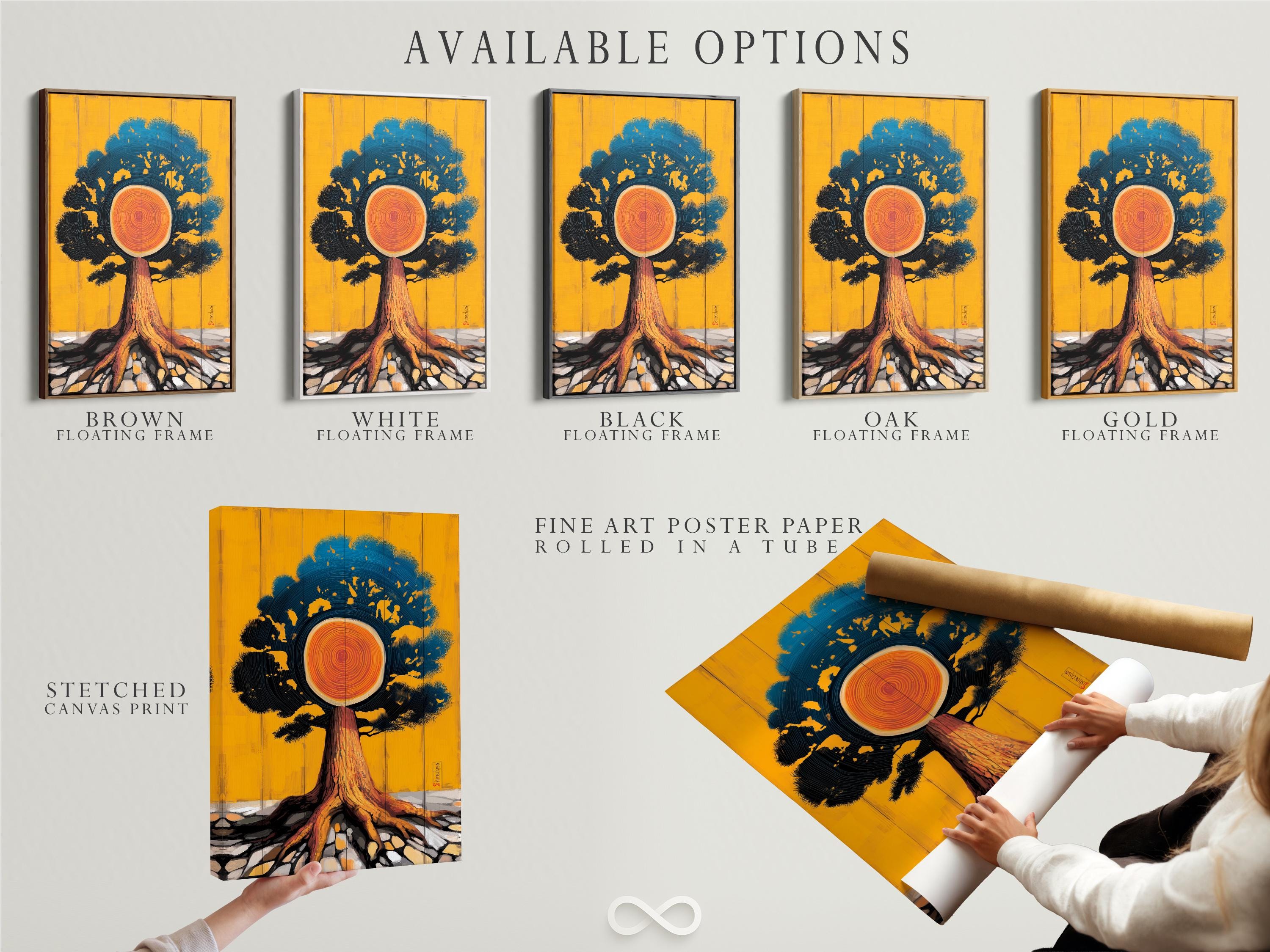 Stylised tree trunk and concentric tree rings with teal wave-like canopy on a gold background detail view