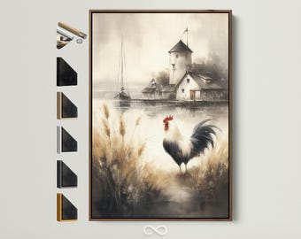 Farmhouse Rooster Canvas Print - Rustic Country Wall Art, Vintage Watercolor Painting for Kitchen Decor