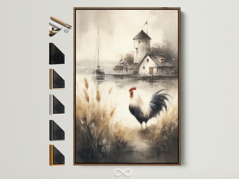 Rooster with red comb standing in tall grasses in a misty farm scene