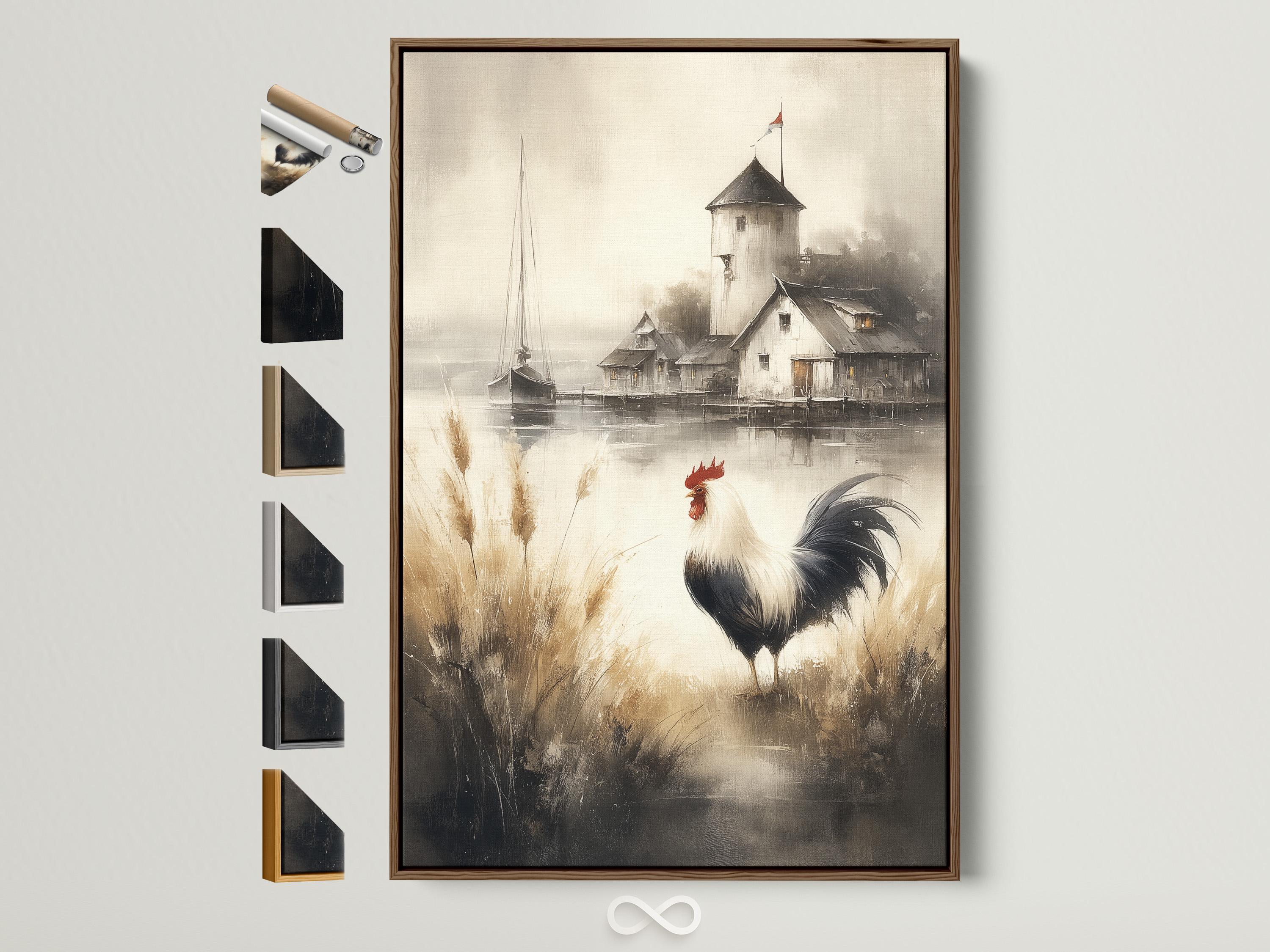 Rooster with red comb standing in tall grasses in a misty farm scene