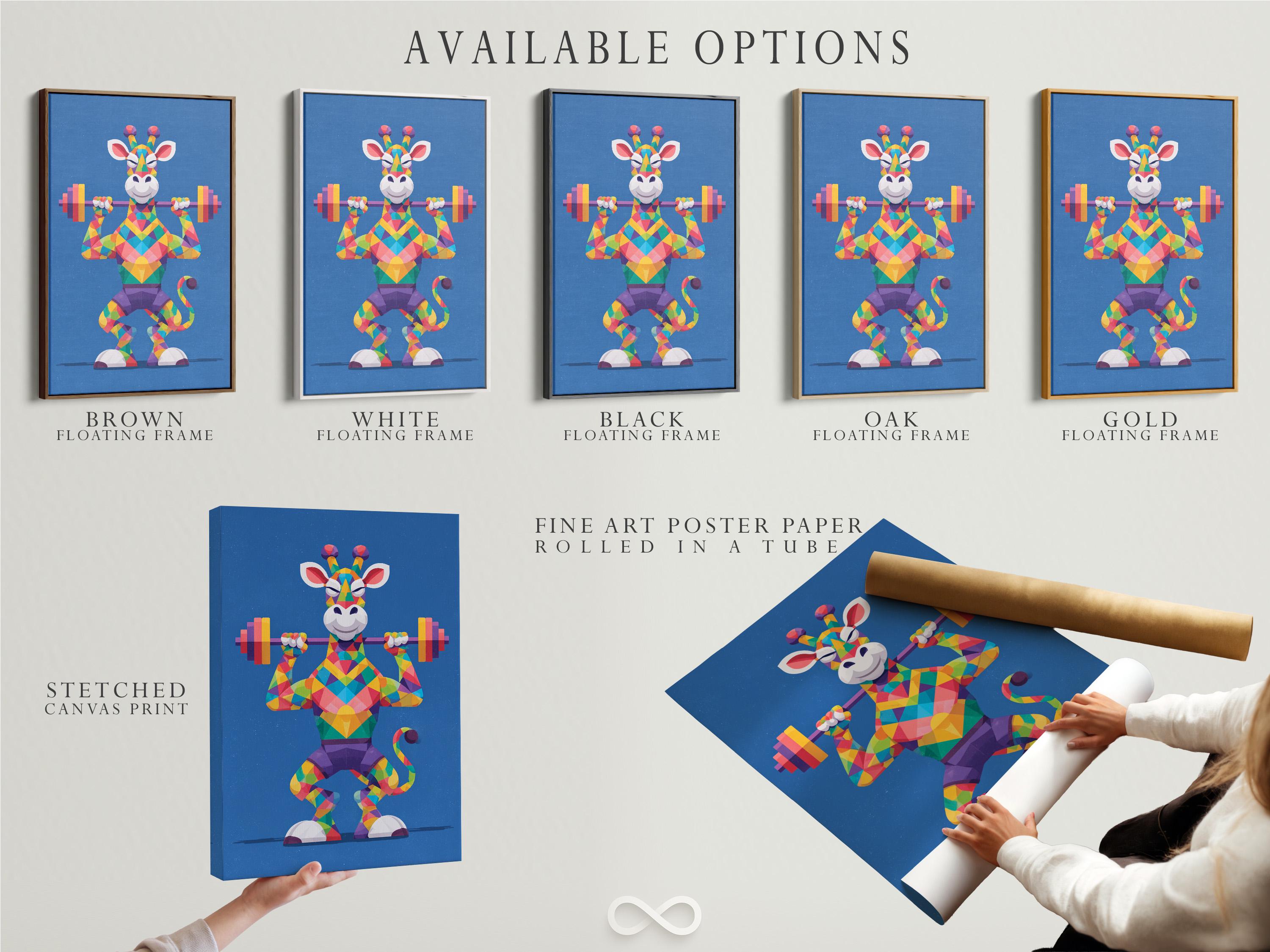 Geometric giraffe lifting dumbbells in bright multicolour polygons on a blue background detail view